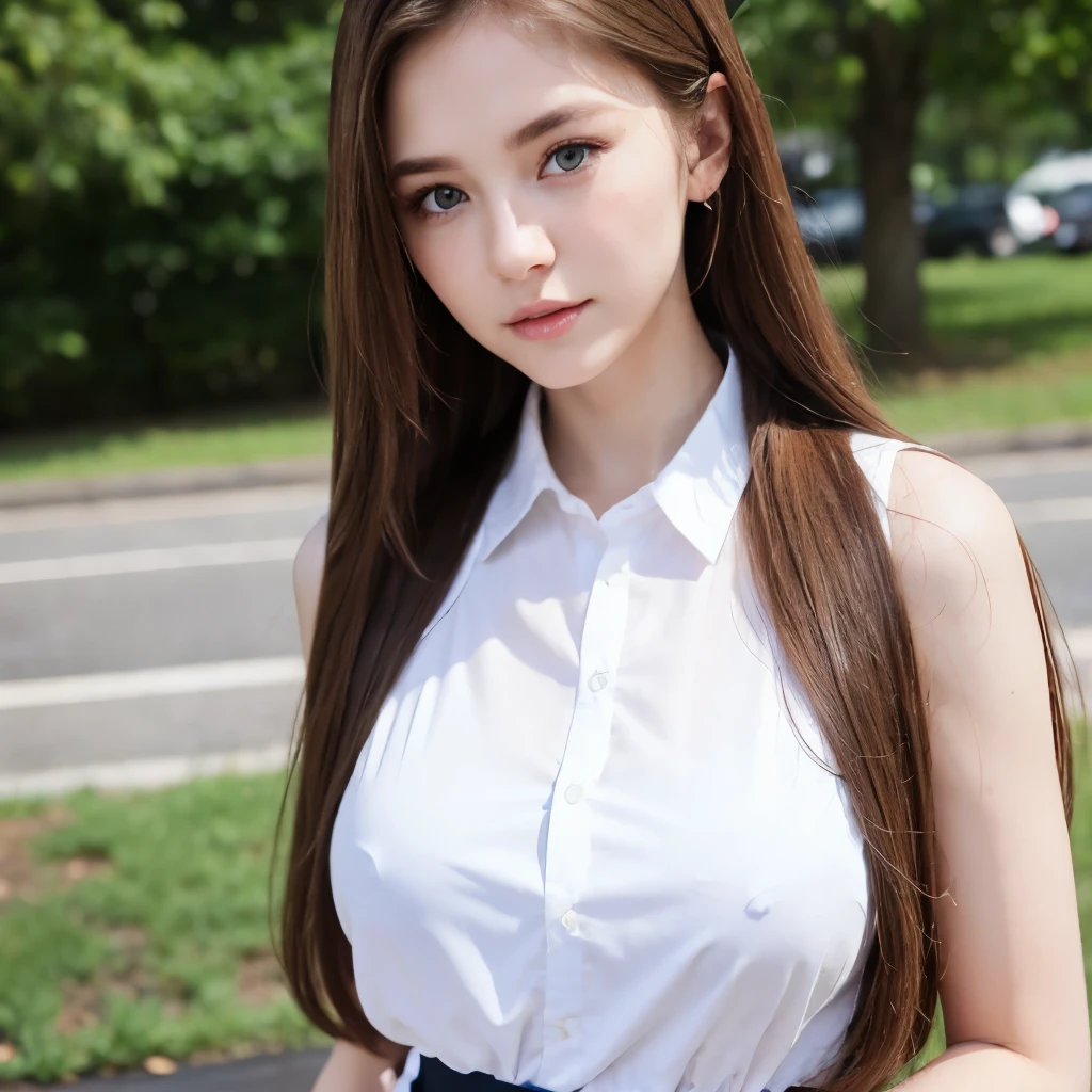 Girl, brown-blonde hair, green eyes, sharp features, white skin, young woman, shirt and long skirt style, close-up photo session,