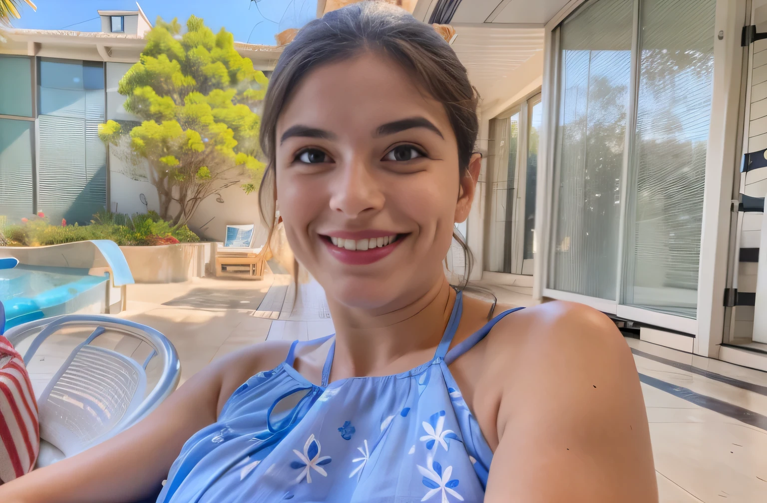 mulher sorridente com um vestido azul e branco, sitting on a patio, vacation photo, vestindo uma touca de banho branca, mulher de 30 anos, , foto ponto de vista, 8K