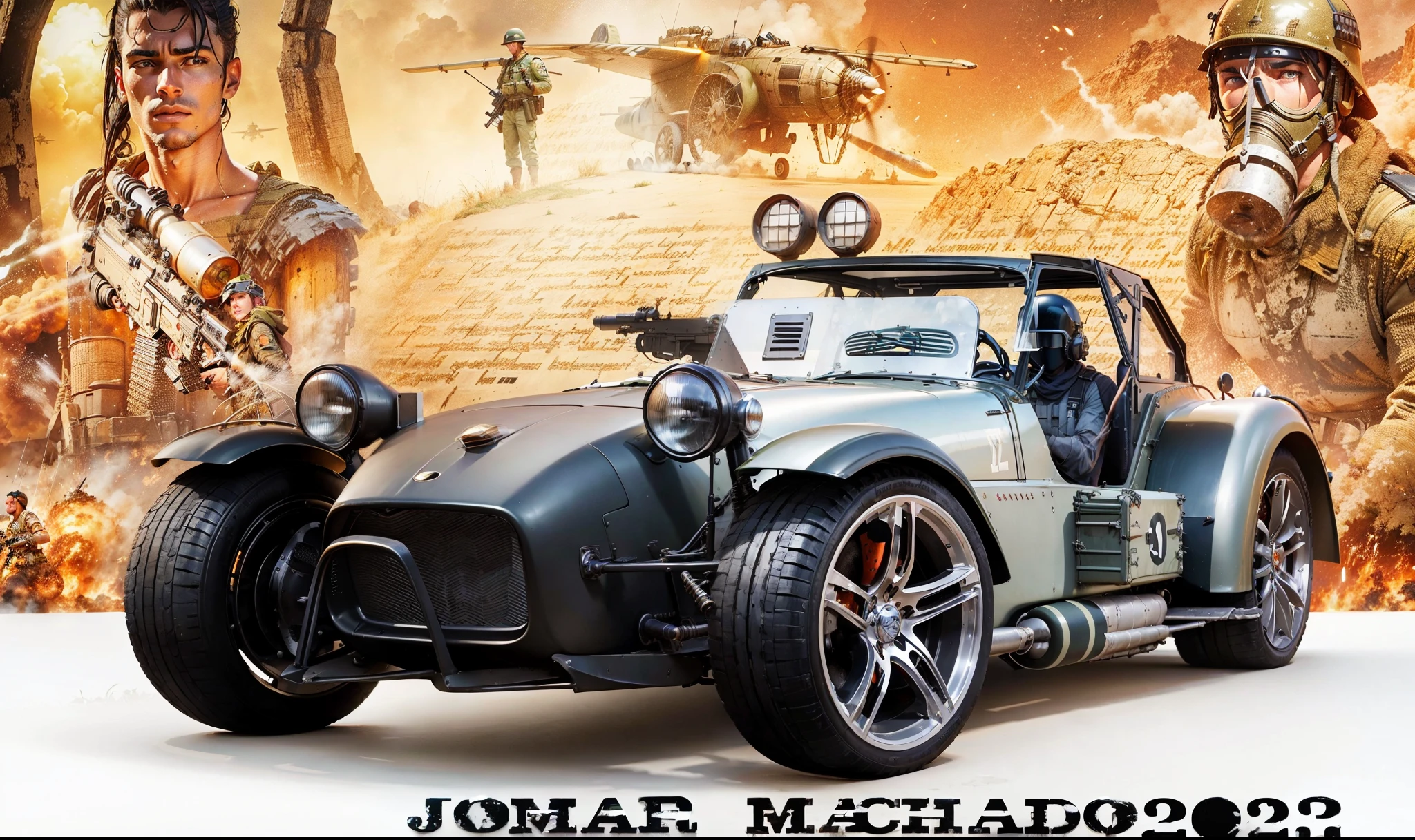 A fully armed Caterham car with machine guns and missiles in the foreground, No fundo, a beautiful female warrior and male soldiers in war uniforms and a close-up of a male airline pilot in World War II