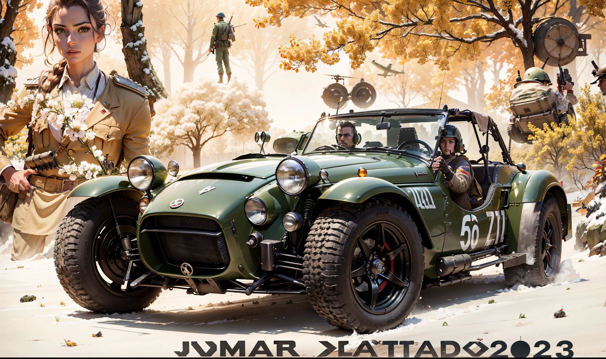 A fully armed Caterham car with machine guns and missiles in the foreground, No fundo, a beautiful female warrior and male soldiers in war uniforms and a close-up of a male airline pilot in World War II