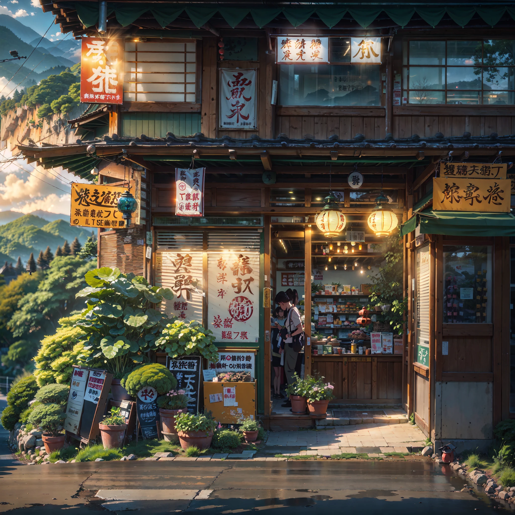japan, modern Japanese shop by the side of a road in the mountains, modern Japanese architecture, sun-set, sunset, sun set, sun, best quality, (no one: 1), anime, anime style, lofi, dramatic weather, Japanese shop signs, lofi style, vegetation, woods, neon signs, plant pots, lanterns, lamps