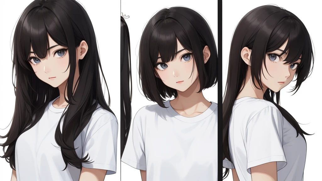 ((Masterpiece)),(((คุณpictureดีที่สุด))),(character design sheet, same character, front, side, go back), pictureประกอบ(highest resolution、different_picture)คุณpictureสูงสุด、female、Masterpiece、very detailed、semi-realistic、black short hair、dark hair、gray eyes、smooth、21 years old、Shoulder length hair、mature、young、upper body、t-shirt、Stand-up shirt、exquisite face、Facial features、look at the audience、Plain white background