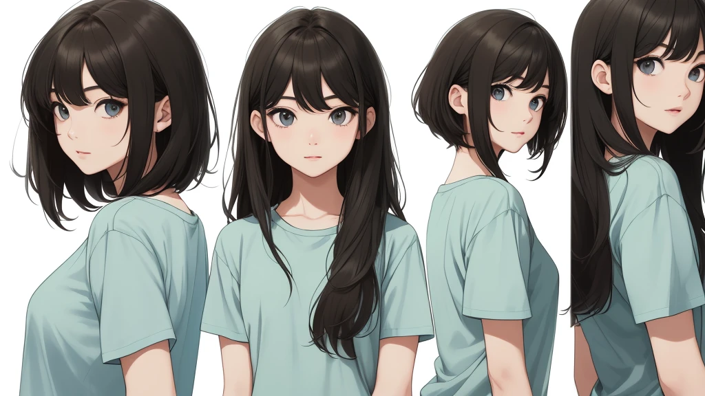 ((Masterpiece)),(((คุณpictureดีที่สุด))),(character design sheet, same character, front, side, go back), pictureประกอบ(highest resolution、different_picture)คุณpictureสูงสุด、female、Masterpiece、very detailed、semi-realistic、black short hair、dark hair、gray eyes、smooth、21 years old、Shoulder length hair、mature、young、upper body、t-shirt、Stand-up shirt、exquisite face、Facial features、look at the audience、Plain white background
