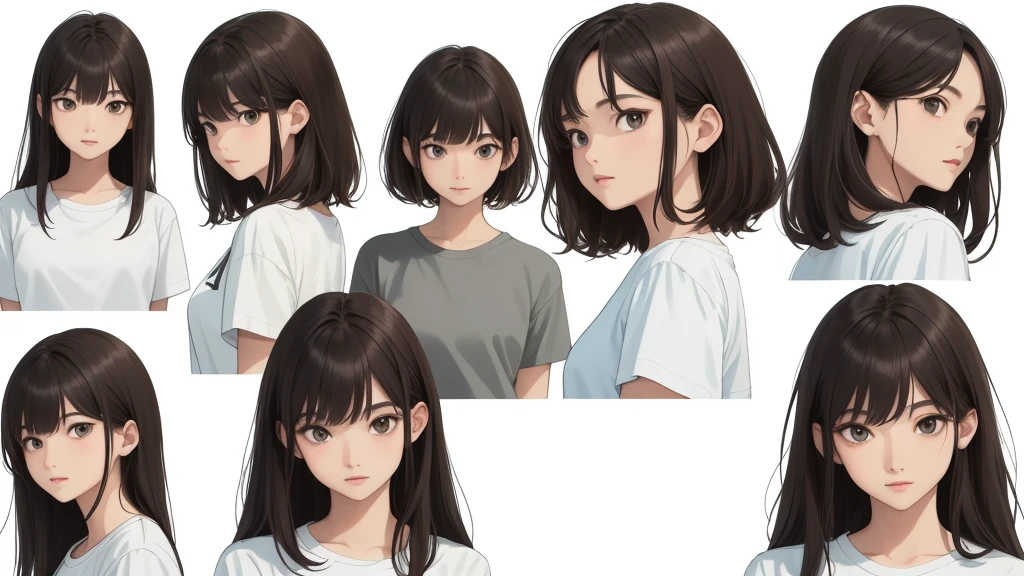 ((Masterpiece)),(((คุณpictureดีที่สุด))),(character design sheet, same character, front, side, go back), pictureประกอบ(highest resolution、different_picture)คุณpictureสูงสุด、female、Masterpiece、very detailed、semi-realistic、black short hair、dark hair、gray eyes、smooth、21 years old、Shoulder length hair、mature、young、upper body、t-shirt、Stand-up shirt、exquisite face、Facial features、look at the audience、Plain white background