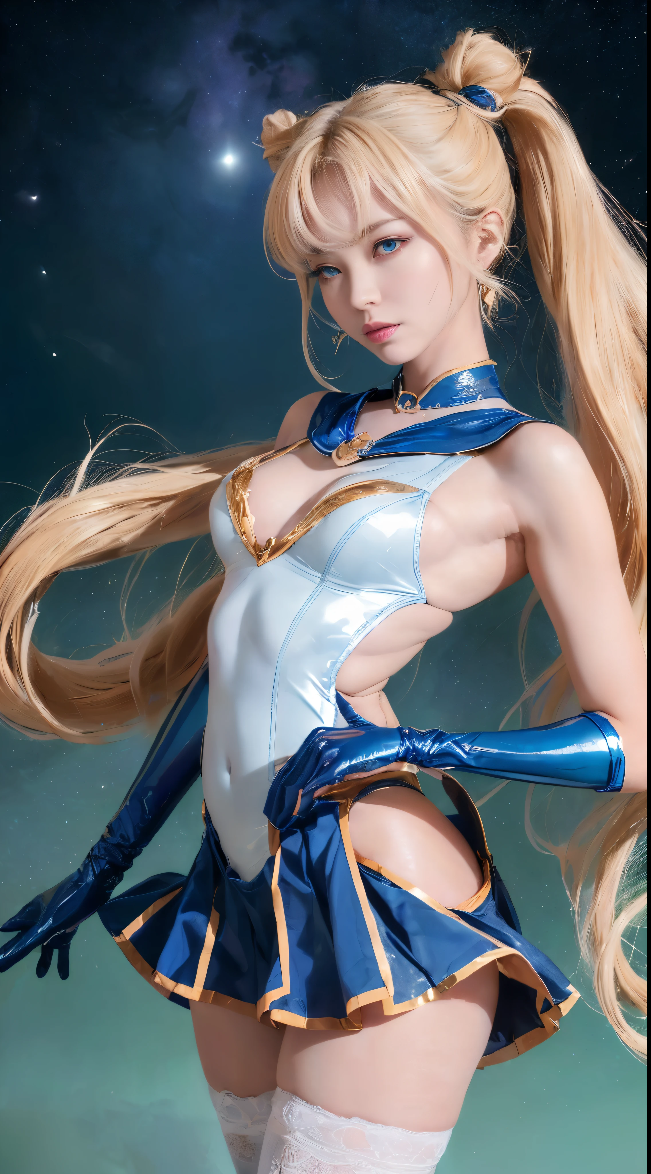 NSFW,table top、full:1.3、stand、8k、。.3D、realistic、super micro photography、highest quality、Highly detailed CG unity 8k wallpapers、from below、intricate details、(1 female)、28 years old、(sailor moon:1.6 Super Bishoujo Senshi sailor moon Mer1、Nether Warm Wind,land、sailor warrior uniform Sailor:1.5、sailor moon:1.5,Eternal sailor moon)、(Incredibly long and bright blonde pigtails:1.4、thin and very long straight twin tail blonde, bun hair、bun hair用の赤い丸い髪飾り)、((sailor warrior uniform、blue,blue sailor collar,blue prayer miniskirt:1.5、Glossy blue pleated mini skirt:1.3、big red ribbon on the chest,,,,,、white long latex gloves,red gloves on the elbows、A gorgeous golden tiara on the forehead、ear nipple rings,Gorgeous Golden Jewels))、Extremely thin and fitted high gloss white holographic leather、High-gloss white latex high-leg swimsuit that shines like oil,(facial details:1.5、bright blue eyes、Beautifull expression、beautidfull eyes、Iris overview, shining eyes、thin唇:1.5、thin and sharp pale eyebrows,、long and thick eyelashes、double eyelashes、thin, thin and muscular,,,、small face、tall and big breasts、perfect proportions、big breasts thin waist、sexy model posing、dynamic pose,visible pores、enchanting smile、perfect hands:1.5、octane rendering、very dramatic picture、(moonの神性,space background、moon明かりの光線、moon、dynamic background、exquisite light and shadow、dynamic angle、detailed background),strong natural light、sunlight、Digital single-lens reflex camera、sharp focus: 1.0、maximum clarity and sharpness