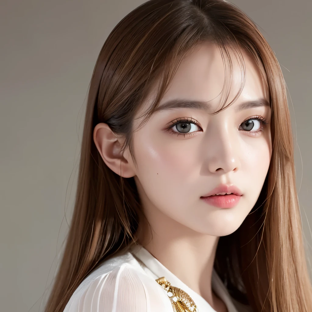 Girl, long soft brown-blonde hair, brown eyes, sharp features, white skin, Gucci style, idol, close-up photo shoot.