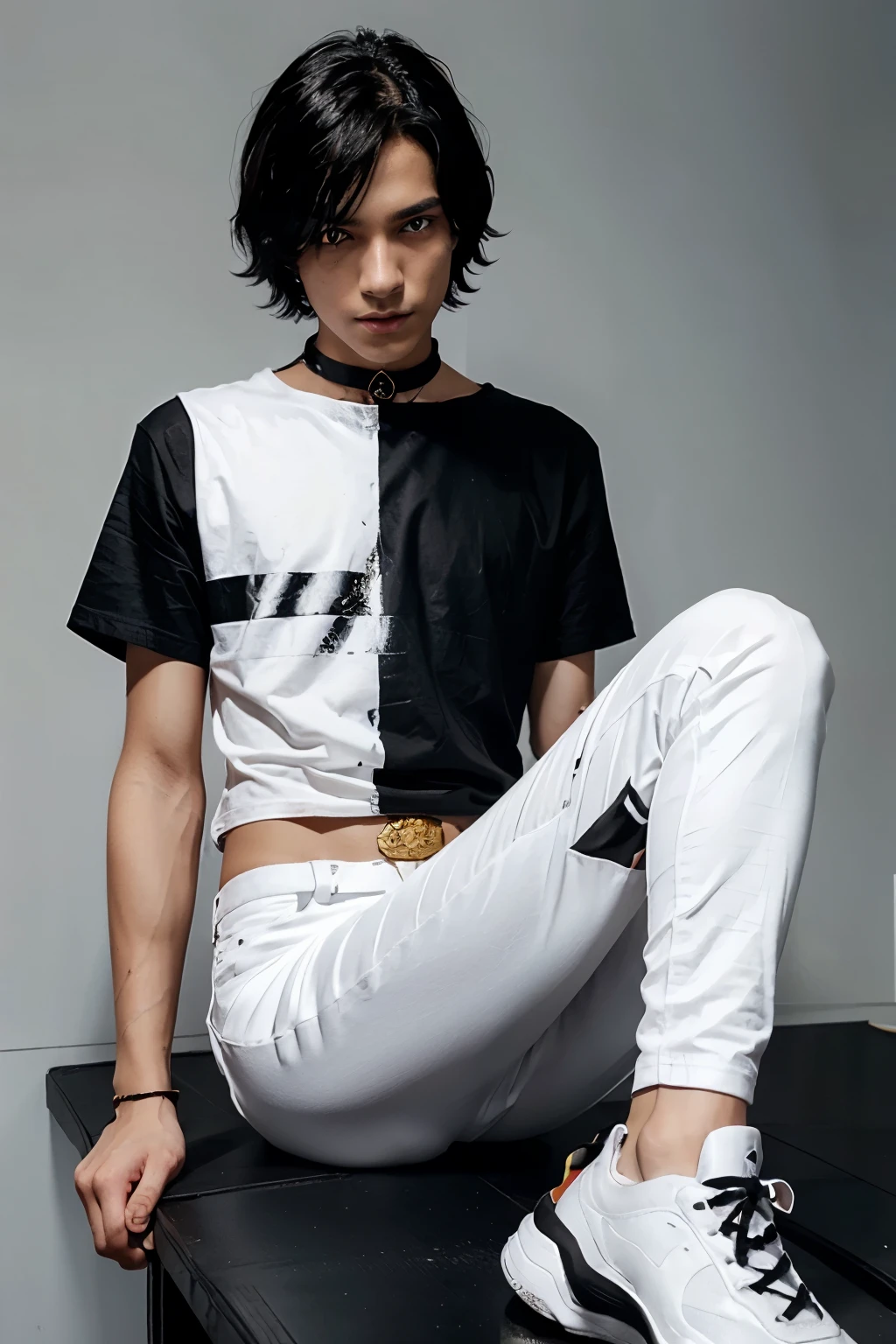 black-haired boy, golden eyes, palid skin, skinny, black t-shirt, white pants, white shoes, black choker, black bands around his wrists, long white cape