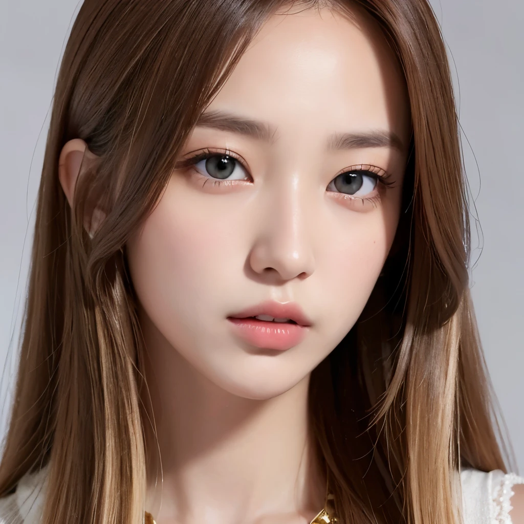 Girl, long soft brown-blonde hair, brown eyes, sharp features, white skin, Gucci style, idol, close-up photo shoot.