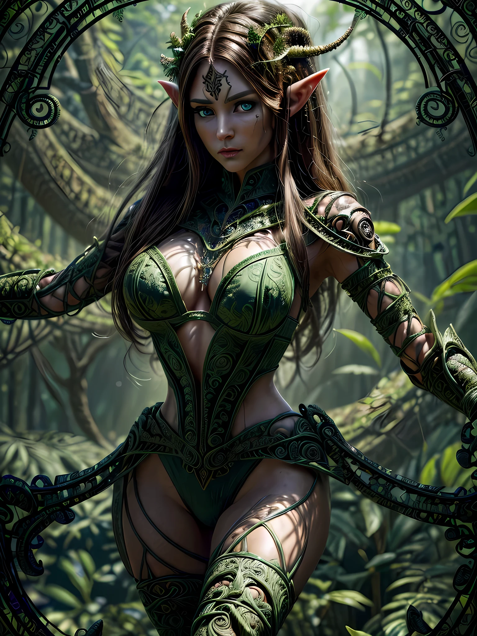 high details, best quality, 16k, [ultra detailed], masterpiece, best quality, (extremely detailed),  dynamic angle, ultra wide shot, RAW, photorealistic, fantasy art, realistic art, a female elf druid  (intricate details, Masterpiece, best quality: 1.5) in a jungle, a female elf wearing leather clothes  intricate details, Masterpiece, best quality: 1.4), leather boots, thick hair, long hair, brown hair, intense blue eyes, vibrant jungle (intense details), plenty of plant life, vines coming from trees,  many jungle trees (intricate details, Masterpiece, best quality: ), vines, a river flowing, sun light, dynamic light. dynamic angle, (intricate details, Masterpiece, best quality: 1.5) , 2.5 rendering, high details, best quality, highres, ultra wide angle