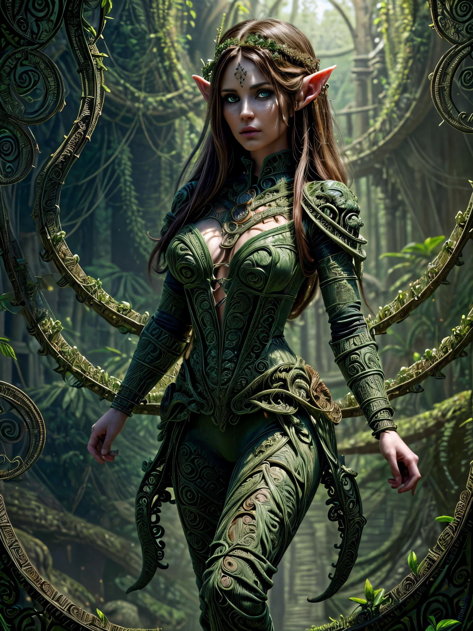 high details, best quality, 16k, [ultra detailed], masterpiece, best quality, (extremely detailed),  dynamic angle, ultra wide shot, RAW, photorealistic, fantasy art, realistic art, a female elf druid  (intricate details, Masterpiece, best quality: 1.5) in a jungle, a female elf wearing leather clothes  intricate details, Masterpiece, best quality: 1.4), leather boots, thick hair, long hair, brown hair, intense blue eyes, vibrant jungle (intense details), plenty of plant life, vines coming from trees,  many jungle trees (intricate details, Masterpiece, best quality: ), vines, a river flowing, sun light, dynamic light. dynamic angle, (intricate details, Masterpiece, best quality: 1.5) , 2.5 rendering, high details, best quality, highres, ultra wide angle