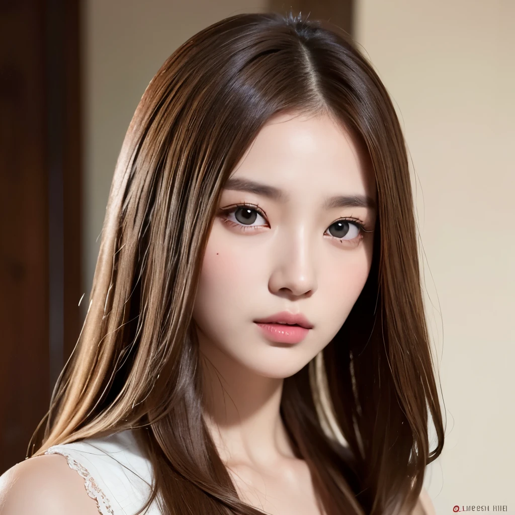 Girl, long soft brown-blonde hair, brown eyes, sharp features, white skin, Gucci style, idol, close-up photo shoot.