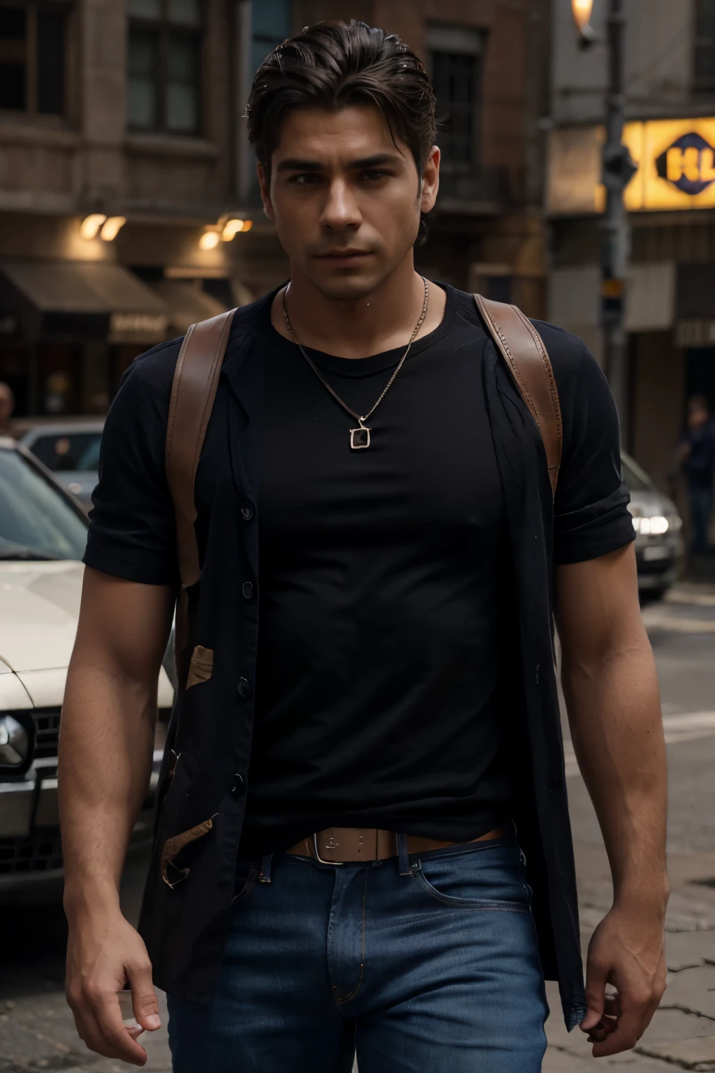 Hombre en su juventud, vestido con la ropa y estilo de Constantine de DC, jeans, pelo negro, 4k, 8k, HD, ultra calidad.