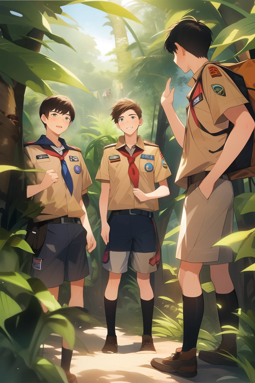 (group of six teenage Boy Scout in jungle) (tiger near)