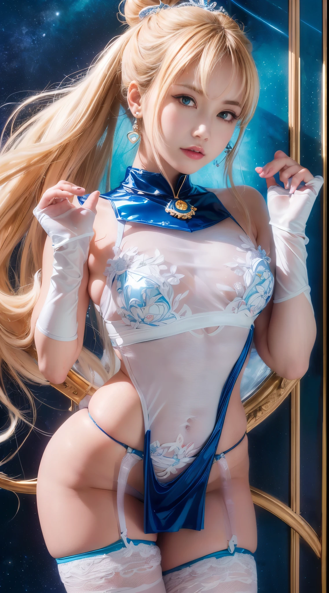 NSFW,table top、full:1.3、stand、8k、。.3D、realistic、super micro photography、highest quality、Wallpapers with extreme details CG Unity 8k、from below、intricate details、(1 female)、28 years old、(sailor moon:1.6 Super Bishoujo Senshi sailor moon Mer1、Meisha Onfu,Tierra、sailor warrior uniform Sailor:1.5、sailor moon:1.5,Eternal sailor moon)、(Incredibly long and bright blonde twintails:1.4、thin and very long straight twin tail blonde, bun hair、Red round hair ornament for hair bun)、((sailor warrior uniform、blue color,blue sailor collar,blue pregate mini skirt:1.5、Glossy blue pleated mini skirt:1.3、very large red ribbon on the chest,,,,,、white long latex gloves,red gloves on the elbows、A gorgeous golden tiara on the forehead、Ear Nipple Ring,luxury golden jewelry))、Extremely thin and fitted high gloss white holographic leather、High-gloss white latex high-leg swimsuit that shines like oil,(facial details:1.5、bright blue eyes、Beautifull expression、beautidfull eyes、iris outline, shining eyes、thin唇:1.5、thin and sharp pale eyebrows,、long and thick eyelashes、double eyelashes、thin, thin and muscular,,,、small face、tall and big breasts、perfect proportions、big breasts thin waist、sexy model posing、dynamic pose,visible pores、enchanting smile、perfect hands:1.5、octane rendering、very dramatic picture、(moonの神性,space background、moon明かりの光線、moon、dynamic background、exquisite light and shadow、dynamic angle、detailed background),strong natural light、sunlight、Digital single-lens reflex camera、sharp focus: 1.0、maximum clarity and sharpness