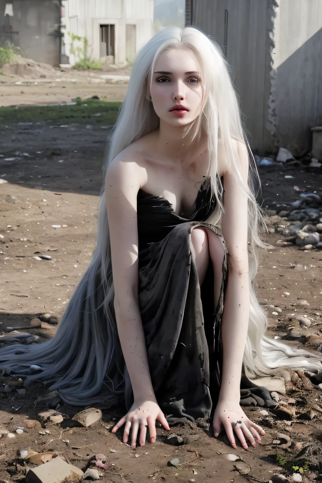 Hyper-realistic photo of a beautiful dirty girl with European features and white hair., who had been dead for several days, in a torn black evening dress. She's on her knees, burying your hands in the dirty ground.. Her pale skin is covered with many gray sores and scratches., with dried blood. She's in a deserted alley, with super bright sunlight, passing through raindrops, highlighting her hair.