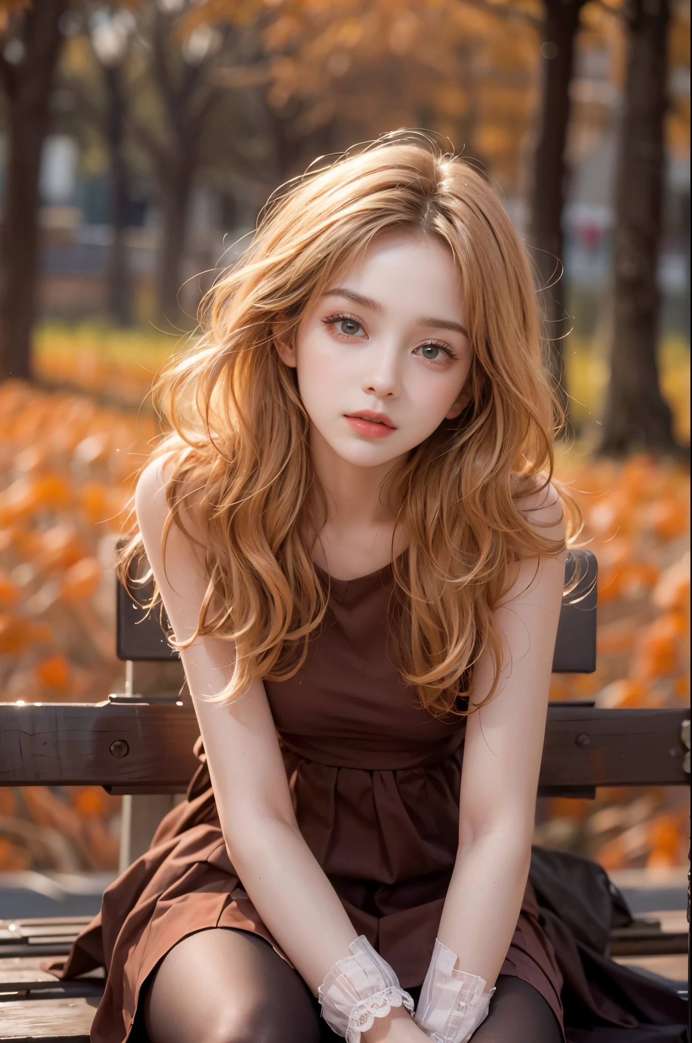 masterpiece, best quality, high quality, High definition, High quality texture, High quality shadow, high detail, beautiful detailed, finely detailed, extremely detailed cg, detailed texture, a realistic representation of the face, realistic, colorful, delicate, sharp focus, (intricate details, makeup, PureErosFace_V1:0.5), (detailed beautiful delicate face, detailed beautiful delicate eyes, a face of perfect proportion, high detailed skin, detailed skin, best ratio four finger and one thumb, skiny and thin:1.3), 1girl, , tall, (smooth_abs:1.55), (abs:0.5), pretty, masterpiece, highres, (long_skinny_legs), (straight_legs), (skinny_waist), (((fair skin))), white skin, (((pale skin))), (Emma_watson), big_breast, (((Caucasian))), Light blonde hair, full body, portrait of 1 cute blonde girl, film grain, Fujifilm XT3, dreamy. ((full body)), ((from side)), ((Sit on a park bench, slender leg)), Short orange short skirt, (Campus style), autumn afternoon warm lights, bloom, orange fog, motion, Simple blurred background, ((orange knit bandeau)), orange fruit