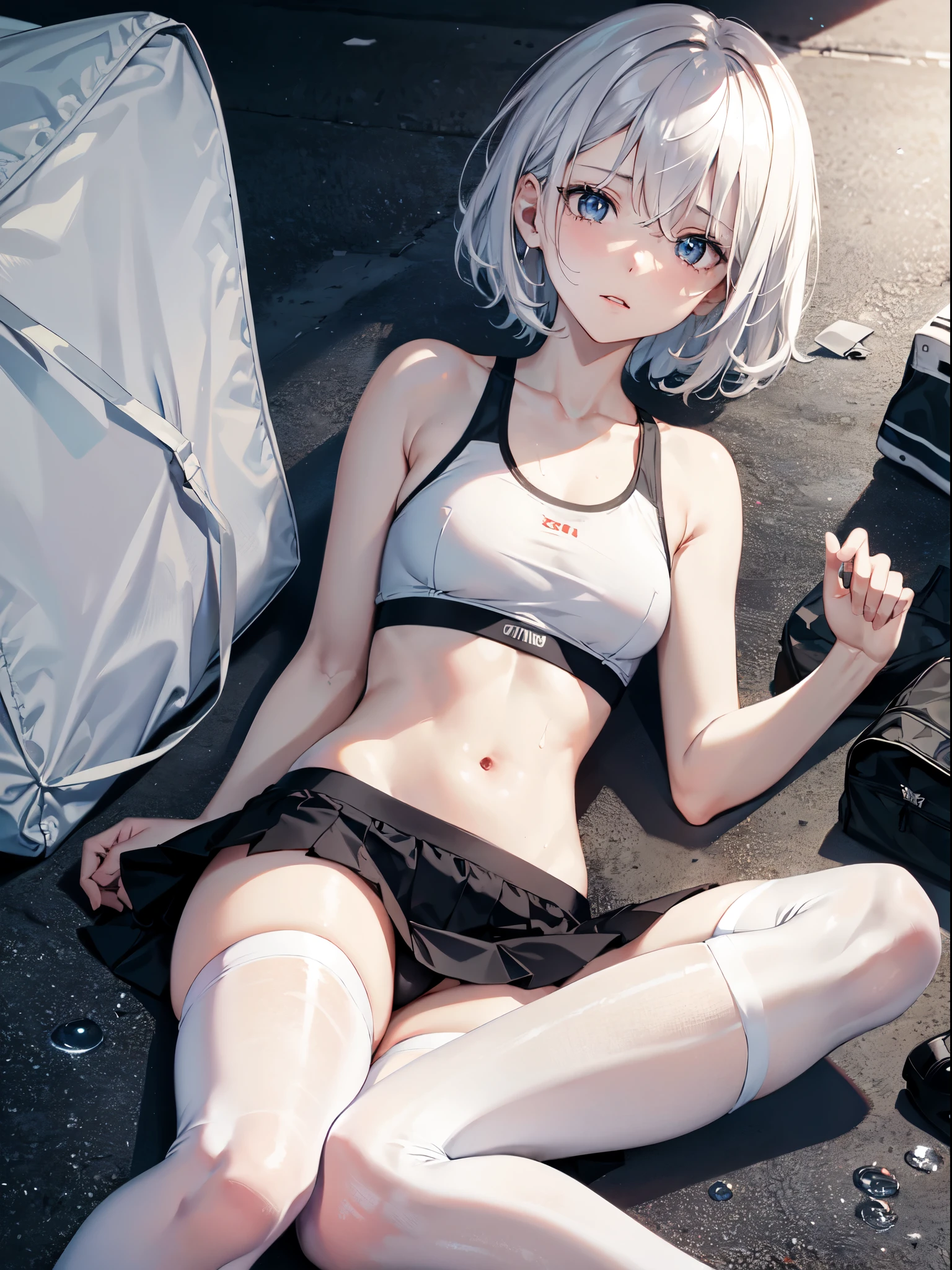 1 girl, (alone:1.2), ((masterpiece)), Slim, , pale skin, ((delicate eyes)), (bokeh effect), sweating, (dynamic angle),lie down, white hair, short hair, bare shoulders,Lilu's collarbone, armpit, (External), shy, School cafeteria, thong,sports shoes,White over-the-knee stockings,running,b cup,white girls sports bra,high resolution,Super detailed,marks of strangulation,Slim腿