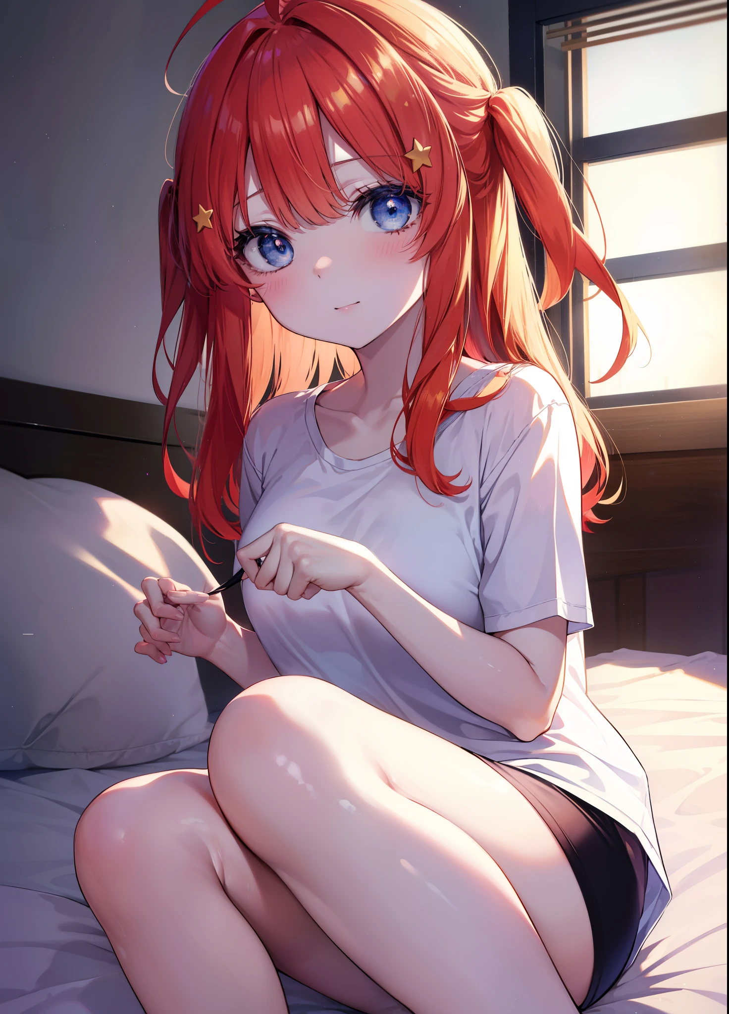 itsukinakano, Itsuki Nakano, bangs, blue eyes, hair between eyes, Ahoge, redhead, girl sleeping with both eyes closed，smile，Bedroom， windows，ロマンチックなmorning陽，極度のsunの光,morning,sun,sitting up in bed,Open T-shirt,black string underwear,messy hair,
break indoors, Bedroom,
break (masterpiece:1.2), highest quality, High resolution, unity 8k wallpaper, (shape:0.8), (fine and beautiful eyes:1.6), highly detailed face, perfect lighting, Very detailed CG, (perfect hands, perfect anatomy),