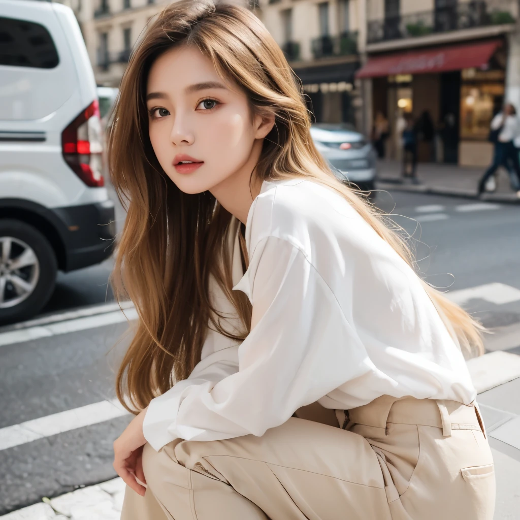 Girl, long soft brown-blonde hair, brown eyes, sharp features, white skin, colorful shirt and pants style, in Paris