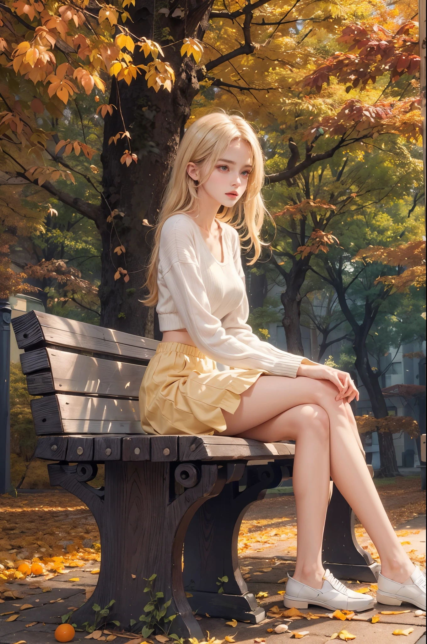 masterpiece, best quality, high quality, High definition, High quality texture, High quality shadow, high detail, beautiful detailed, finely detailed, extremely detailed cg, detailed texture, a realistic representation of the face, realistic, colorful, delicate, sharp focus, (intricate details, makeup, PureErosFace_V1:0.5), (detailed beautiful delicate face, detailed beautiful delicate eyes, a face of perfect proportion, high detailed skin, detailed skin, best ratio four finger and one thumb, skiny and thin:1.3), 1girl, 17 years old, tall, (smooth_abs:1.55), (abs:0.5), pretty, masterpiece, highres, (long_skinny_legs), (straight_legs), (skinny_waist), (((fair skin))), white skin, (((pale skin))), (Emma_watson), big_breast, (((Caucasian))), Light blonde hair, full body, portrait of 1 cute blonde girl, film grain, Fujifilm XT3, dreamy. ((full body)), ((from side)), ((Sit on a park bench, slender leg)), Short orange short skirt, (Campus style), autumn afternoon warm lights, bloom, orange fog, motion, Simple blurred background, ((orange knit bandeau)), orange fruit