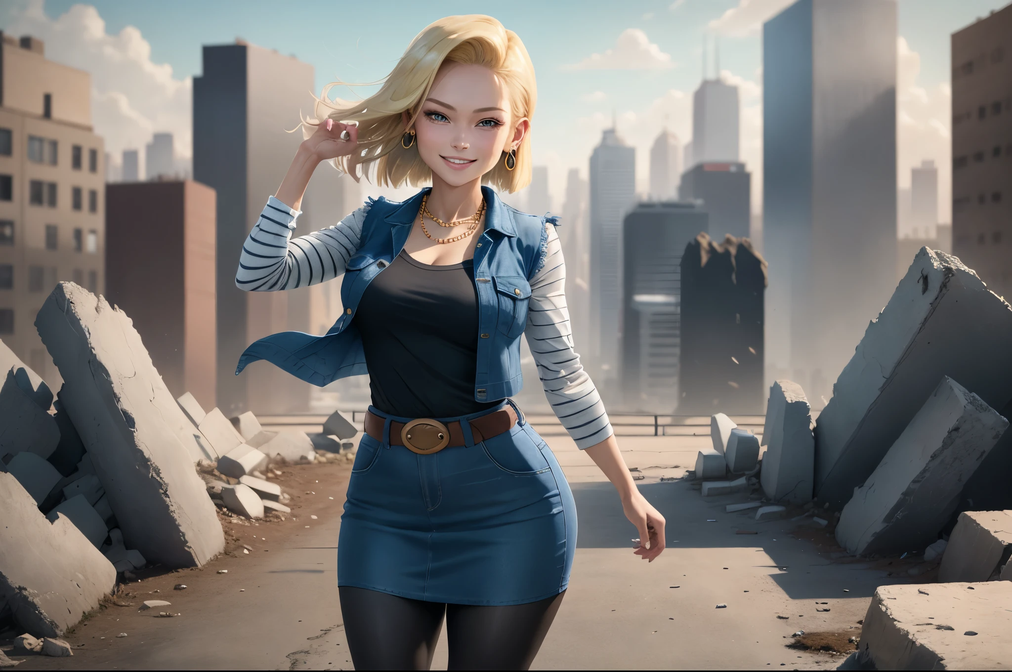 best quality, highres, and18, 1girl, android 18, solo girl, blonde hair, blue eyes, belt, boots, tight blue demin skirt, gold necklace, black shirt, short hair, long striped sleeves, earrings, open vest, denim vest, medium breasts, cowboy shot, city view, straight-on, (weather: windy), sexy smile, full length pantyhose, battle ruins, wide hips, thick legs, flexing,