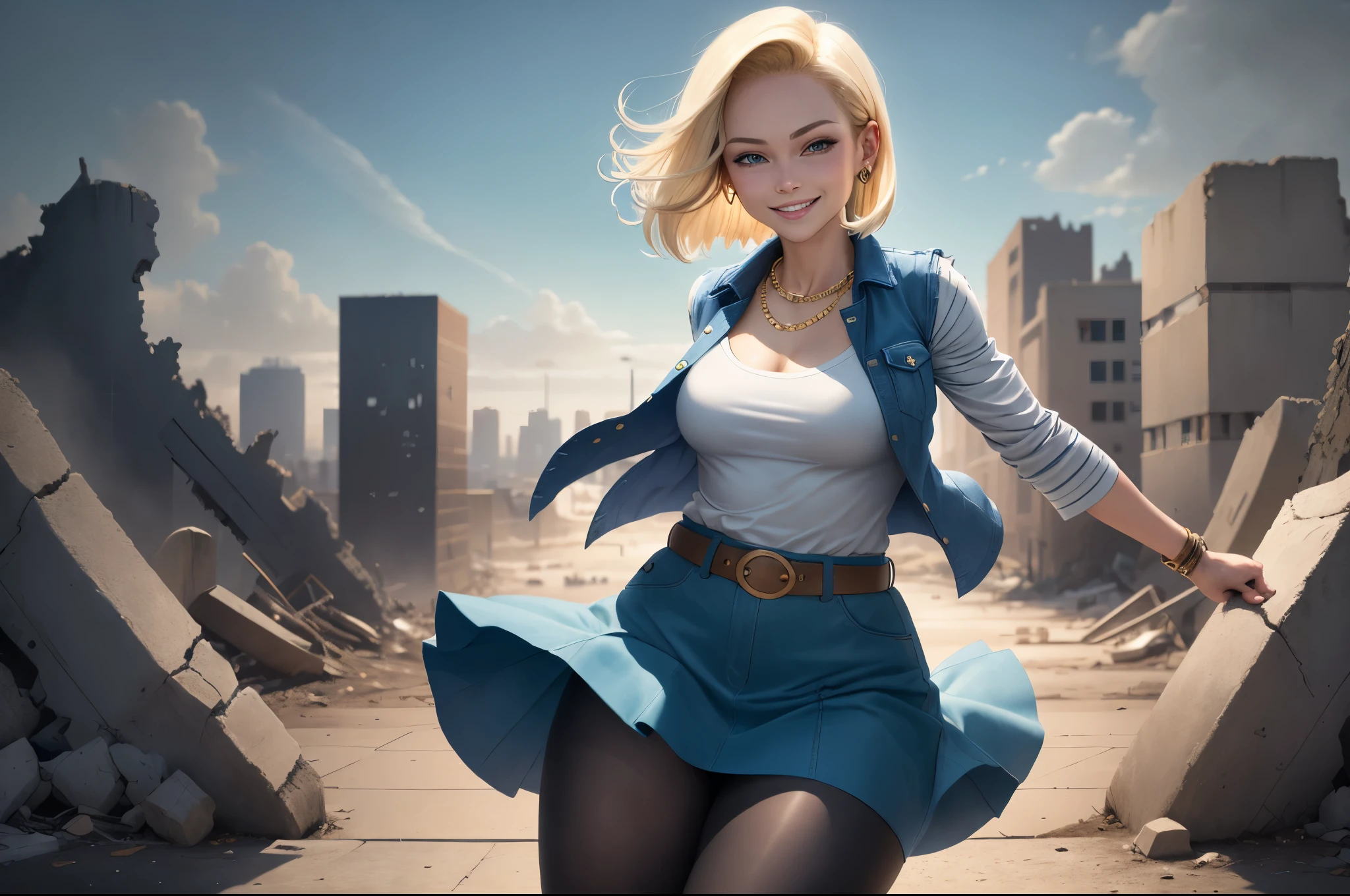 best quality, highres, and18, 1girl, android 18, solo girl, blonde hair, blue eyes, belt, boots, tight blue demin skirt, gold necklace, black shirt, short hair, long striped sleeves, earrings, open vest, denim vest, medium breasts, cowboy shot, city view, straight-on, (weather: windy), sexy smile, full length pantyhose, battle ruins, wide hips, thick legs, flexing,