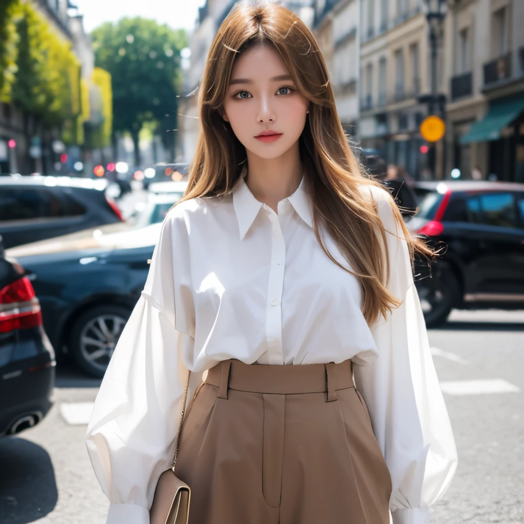 Girl, long soft brown-blonde hair, brown eyes, sharp features, white skin, colorful shirt and pants style, in Paris