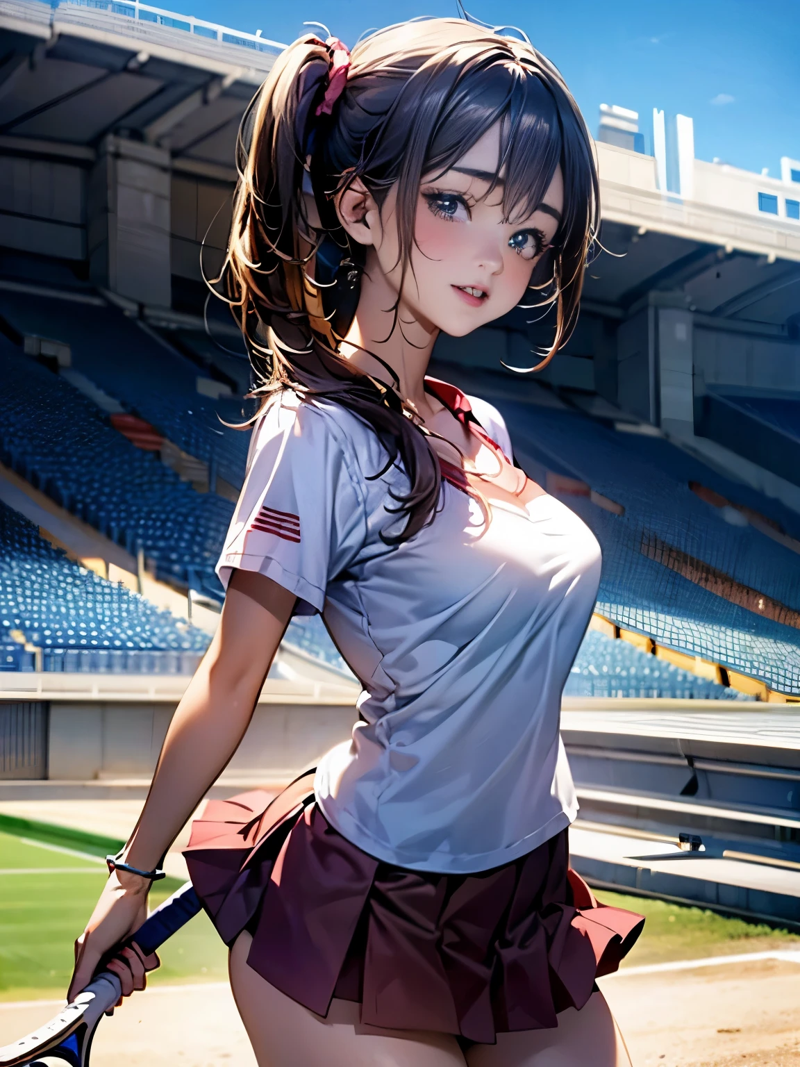 1 female tennis player，one man，white shirt，red skirt，socks，double tail，(Thinness:1.3)、Skirt flip，Tennis racket in hand，dynamic pose，(stadium:1.5)、Close-up、Raw photo, highest quality, High resolution, (master piece), (Photoreal:1.4),sharp focus, nffsw, 8K resolution, intricate details, Depth of the bounds written, Highly detailed CG Unity 8k wallpaper, front light,