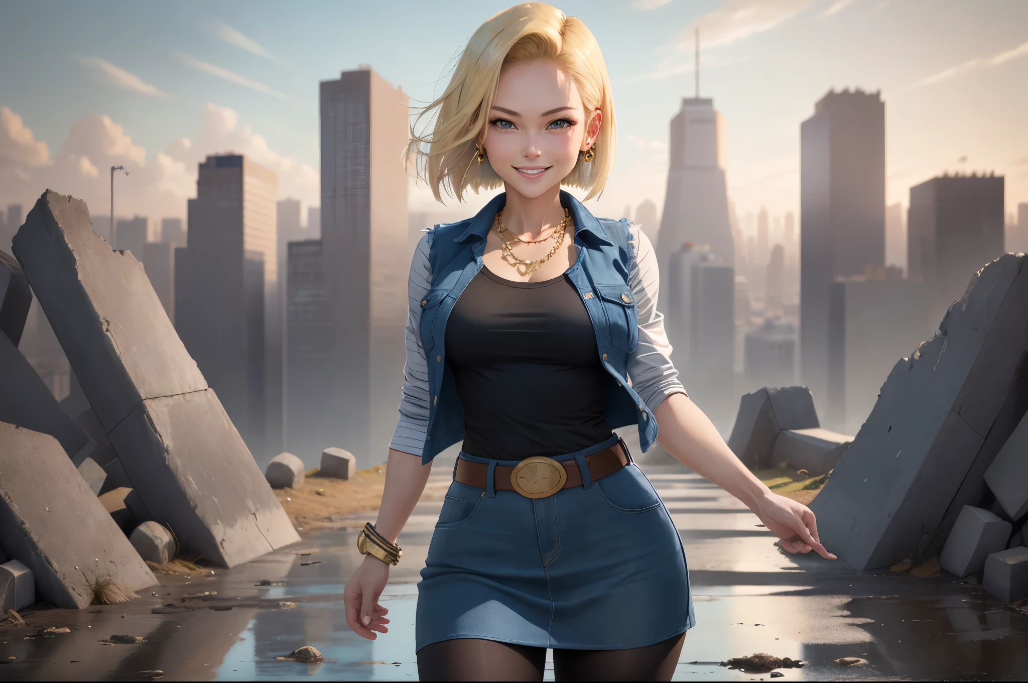 best quality, highres, and18, 1girl, android 18, solo girl, blonde hair, blue eyes, belt, boots, tight blue demin skirt, gold necklace, black shirt, short hair, long striped sleeves, earrings, open vest, denim vest, medium breasts, cowboy shot, city view, straight-on, (weather: windy), sexy smile, full length pantyhose, battle ruins, wide hips, thick legs, flexing,