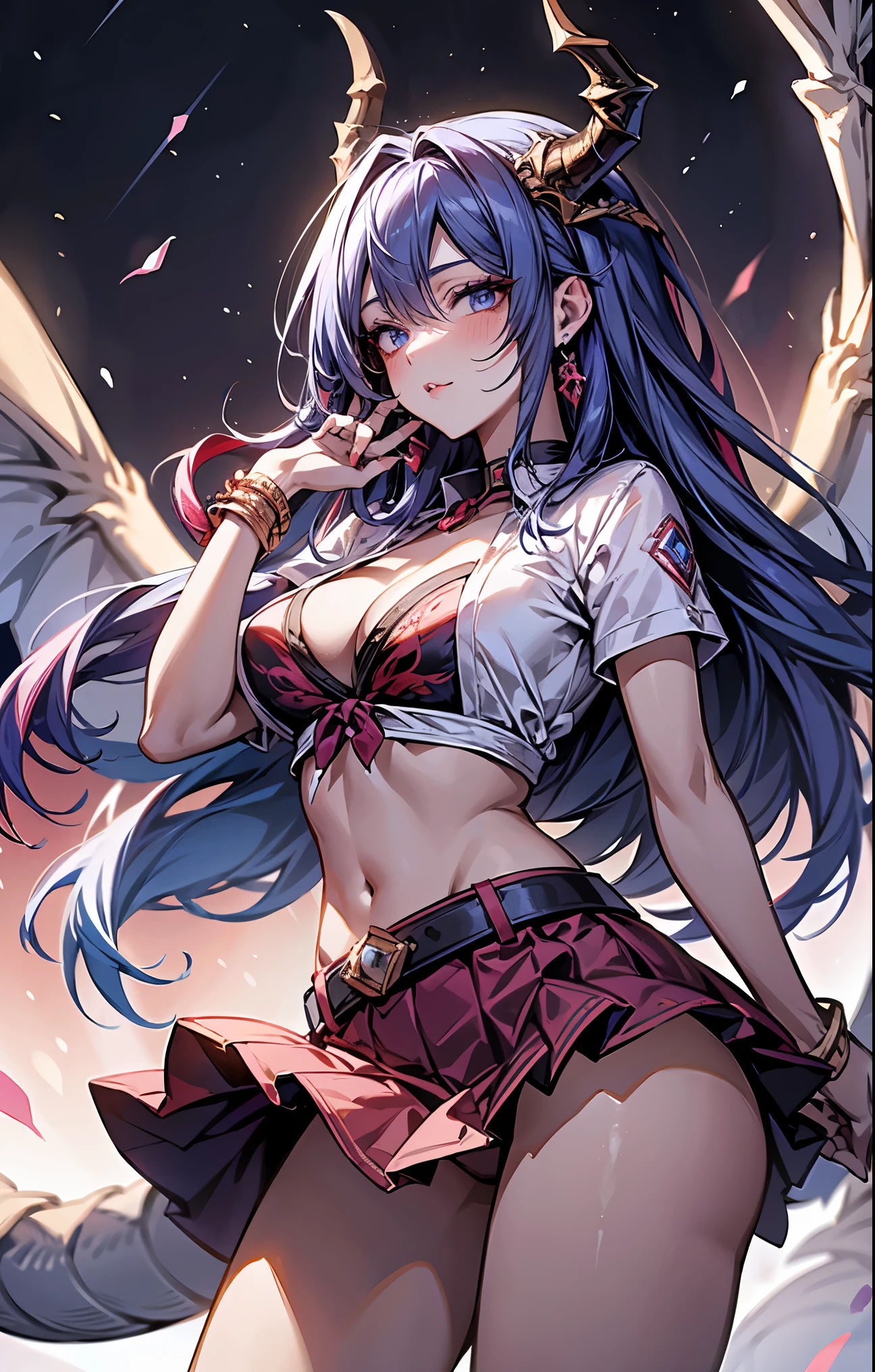 best quality person,master piece,final solution,Fluffy,非常にcolorful,colorful,dragon beauty,adult-like face shape,red and blue long hair,blue colored eyes,(red and blue long hair),red lip,long messy hair,pair of dragon horns,pair of dragon wings,mature woman,crop toppings,super skirt,The pervert is exposed,sanctuary,sky sky,normal posture