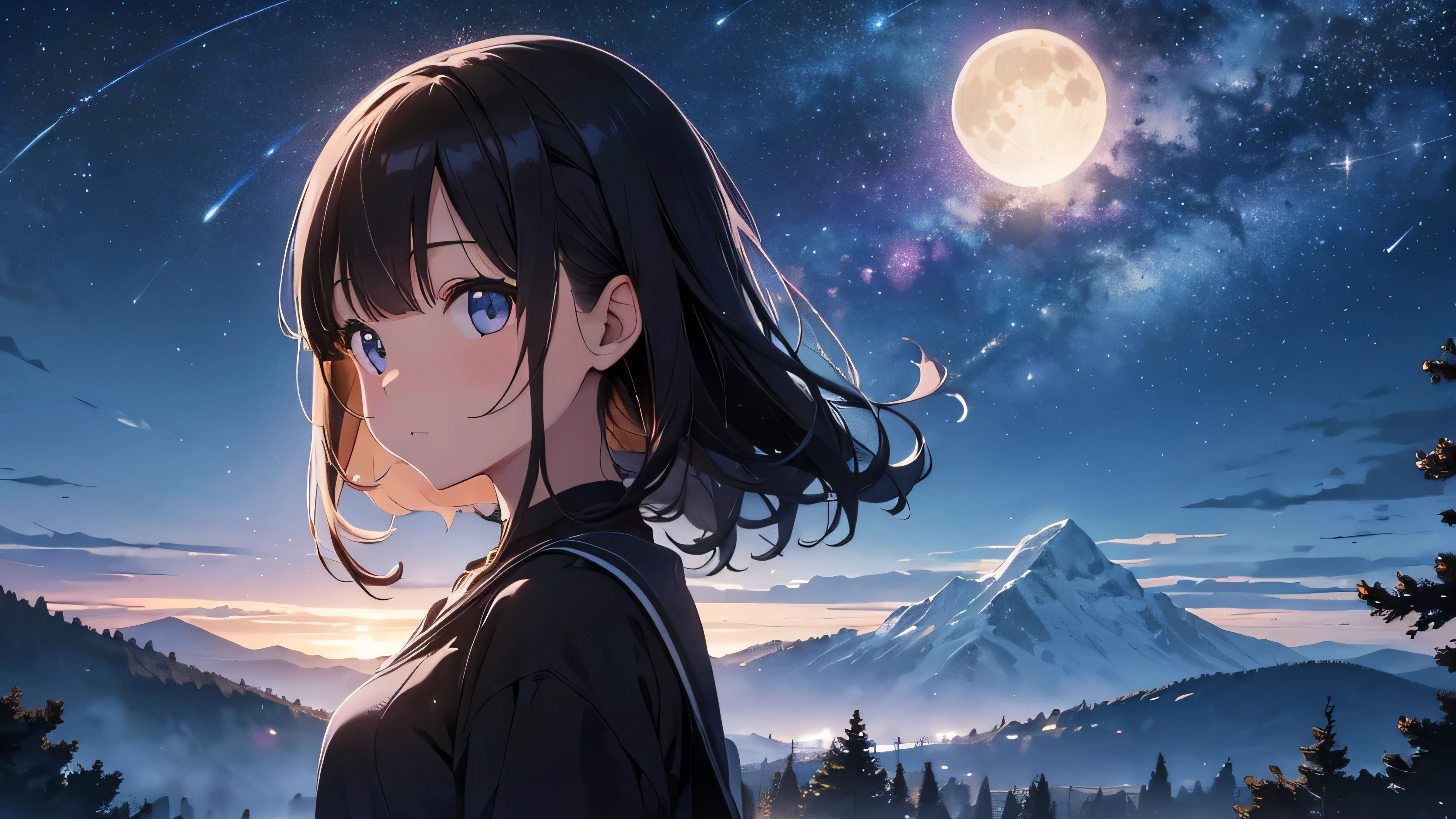 Create a high-quality image using artificial intelligence that depicts a beautiful girl in a night landscape. A garota deve ser o foco principal da imagem, with delicate features and a serene expression. A cena ao redor deve ser uma paisagem noturna deslumbrante, with twinkling stars in the sky, a bright moon and silhouettes of trees or mountains in the background. Pay special attention to the girl'olhos, ensuring they are detailed and express depth and emotion. A qualidade da imagem deve ser excepcional, com cores ricas e vibrantes, and a resolution that allows you to see every detail clearly