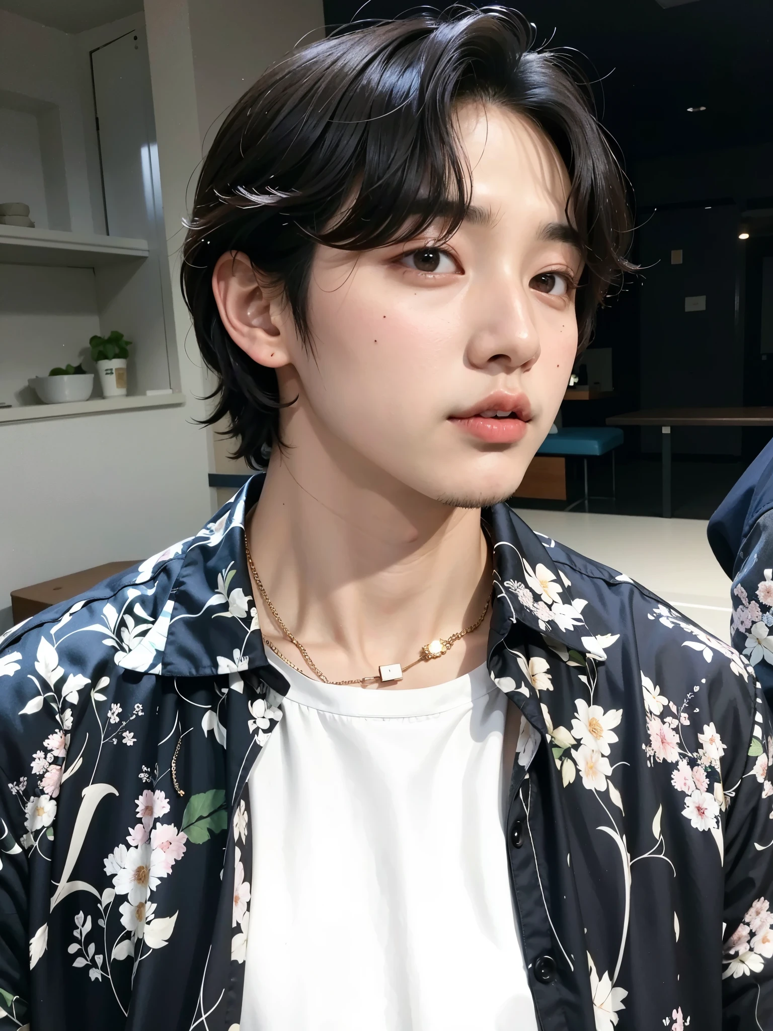 there is a man with a flowered shirt and a necklace, jinyoung shin, jungkook, hyung tae, young wan angel, taken in the early 2020s, he has short curly brown hair, beautiful young prince, jinyoung shin aesthetic, cai xukun, taejune kim, kim doyoung, glossy from rain, wan adorable korean face, hyung tae kim
