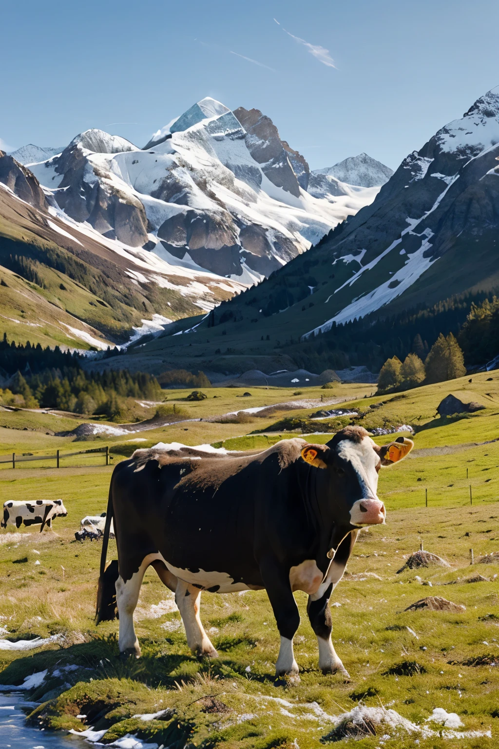 Draw a happy, milked cow among its herd in a green pasture with snow-capped mountains, and add some natural elements to it.