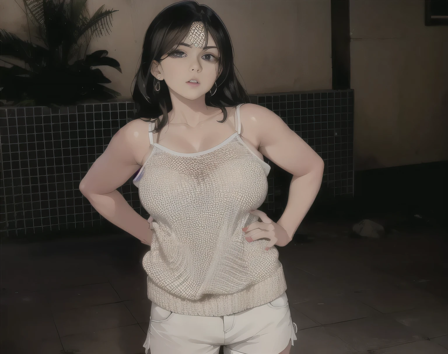 there is a woman standing on the tiled floor with her hands on her hips, Vestindo a camisole and shorts, 30 anos mulher, Vestindo white camisole, mulher baixa e robusta, mulheres de 40 anos, Vestindo a camisole, vestida com top e shorts, Vestindo a tank top and shorts, Vestindo : Regata, 8k