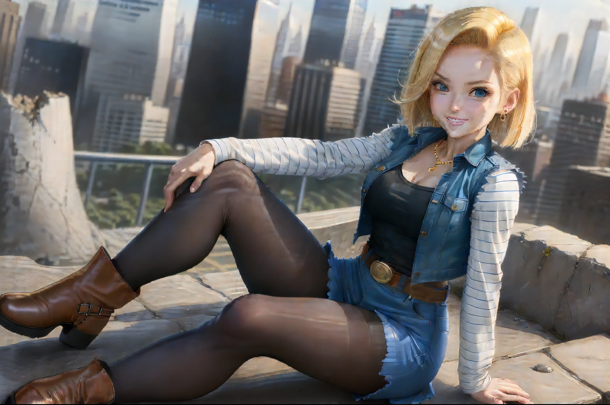 best quality, highres, and18, 1girl, android 18, solo girl, blonde hair, blue eyes, belt, boots, tight blue demin skirt, gold necklace, black shirt, short hair, long striped sleeves, earrings, open vest, denim vest, medium , cowboy shot, city view, straight-on, (weather: windy), cute smile, full length pantyhoattle ruins, sitting,