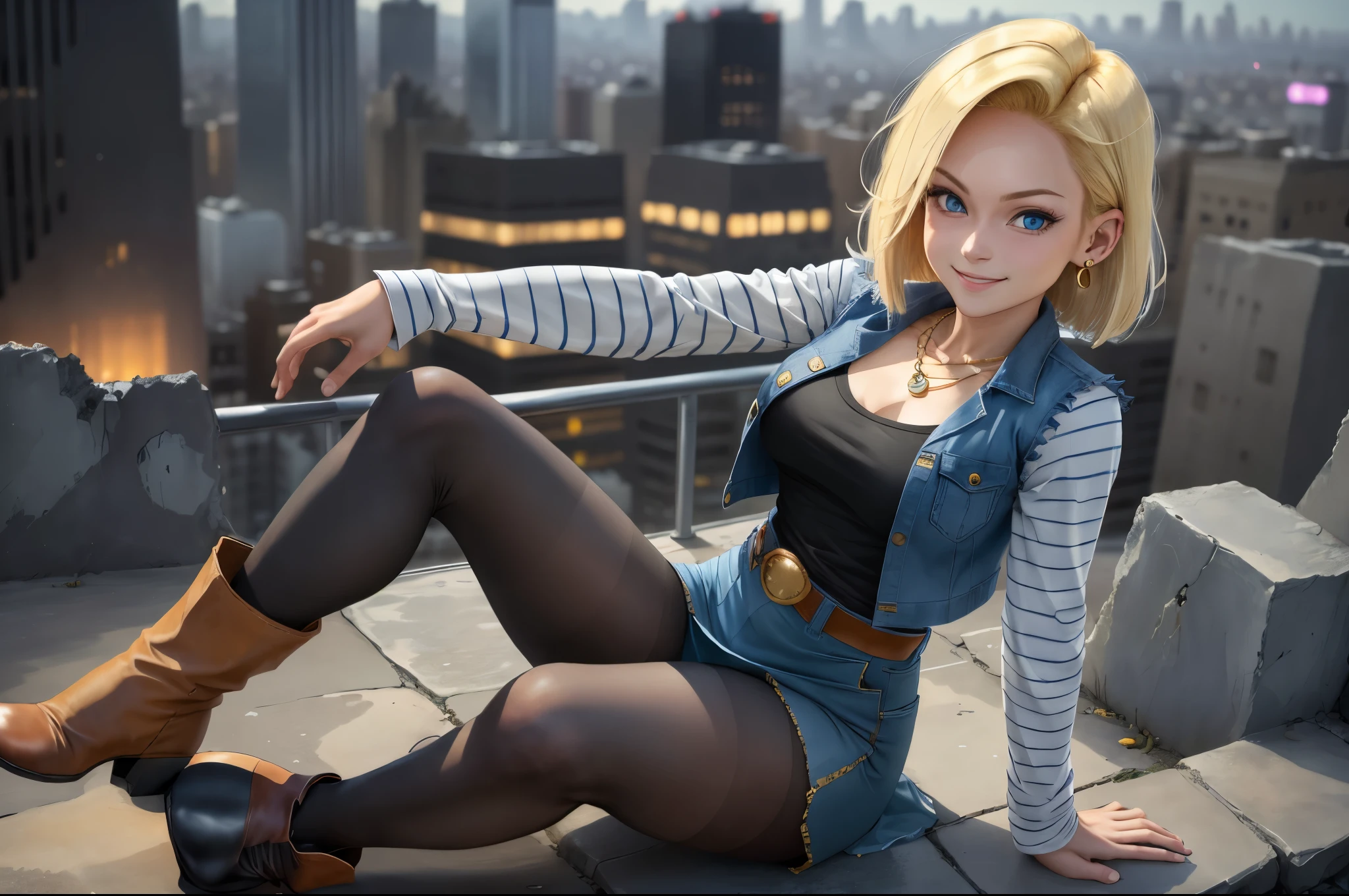 best quality, highres, and18, 1girl, android 18, solo girl, blonde hair, blue eyes, belt, boots, tight blue demin skirt, gold necklace, black shirt, short hair, long striped sleeves, earrings, open vest, denim vest, medium breasts, cowboy shot, city view, straight-on, (weather: windy), cute smile, full length pantyhose, battle ruins, sitting,