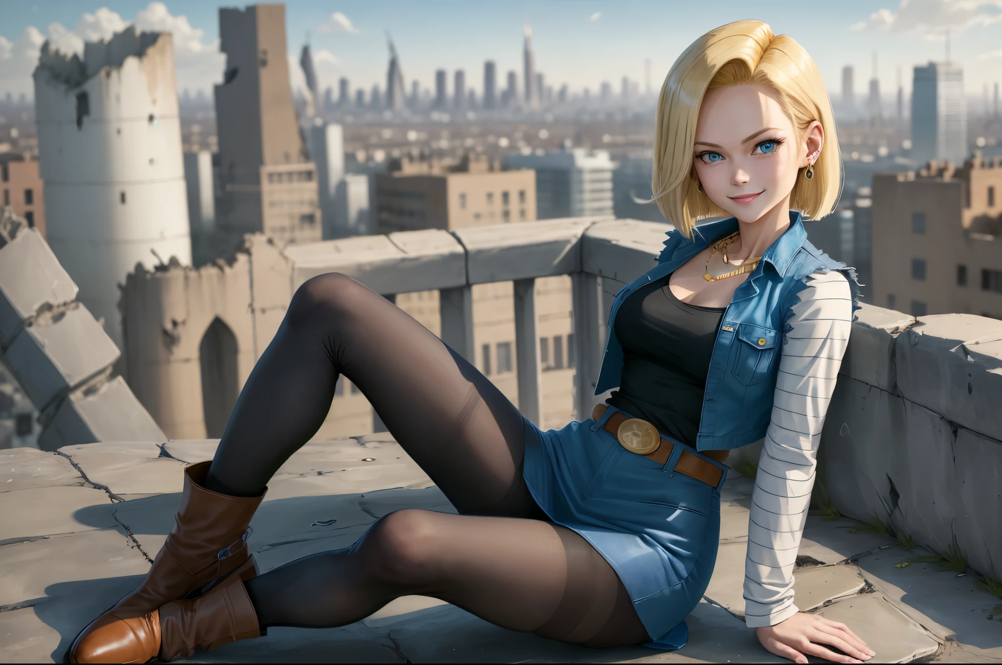best quality, highres, and18, 1girl, android 18, solo girl, blonde hair, blue eyes, belt, boots, tight blue demin skirt, gold necklace, black shirt, short hair, long striped sleeves, earrings, open vest, denim vest, medium breasts, cowboy shot, city view, straight-on, (weather: windy), cute smile, full length pantyhose, battle ruins, sitting,