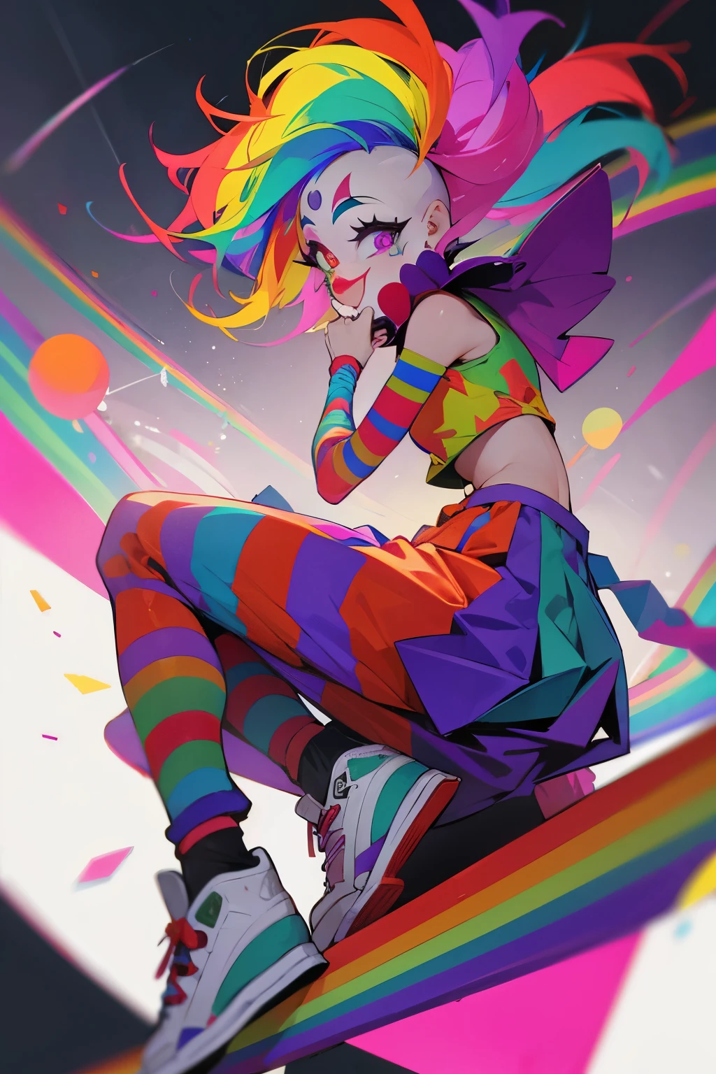 clown with rainbow jordans and rainbow eyes
