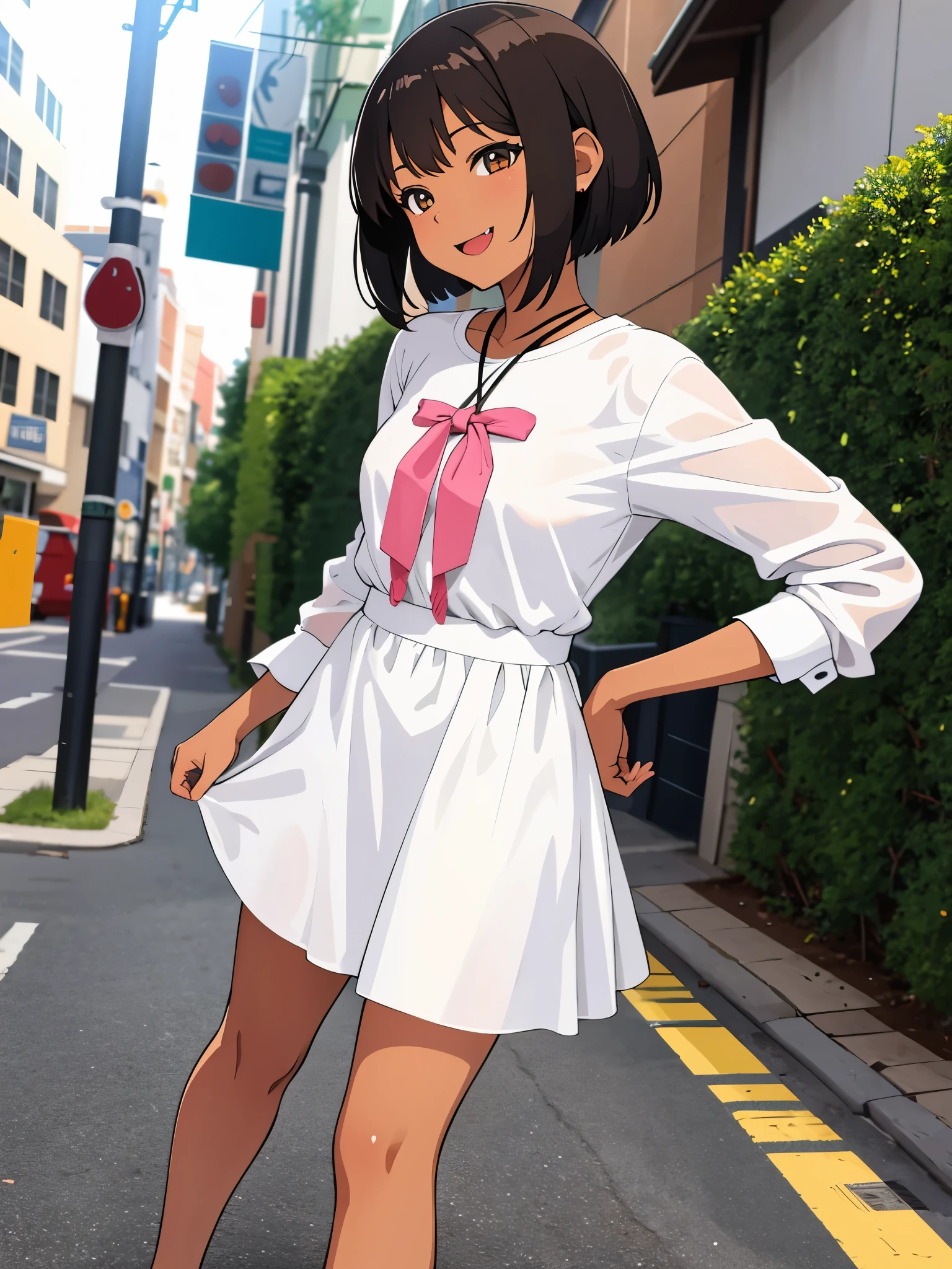 Obra maestra, ultra alta calidad, Anime illustration of a girl with short hair and dark brown skin who has a long fang coming out of her mouth while smiling sweetly, she wears a casual dress and is on a street