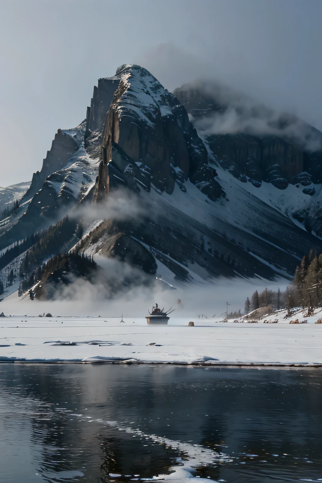 any movie dragon flies over a large lake with snow and fog