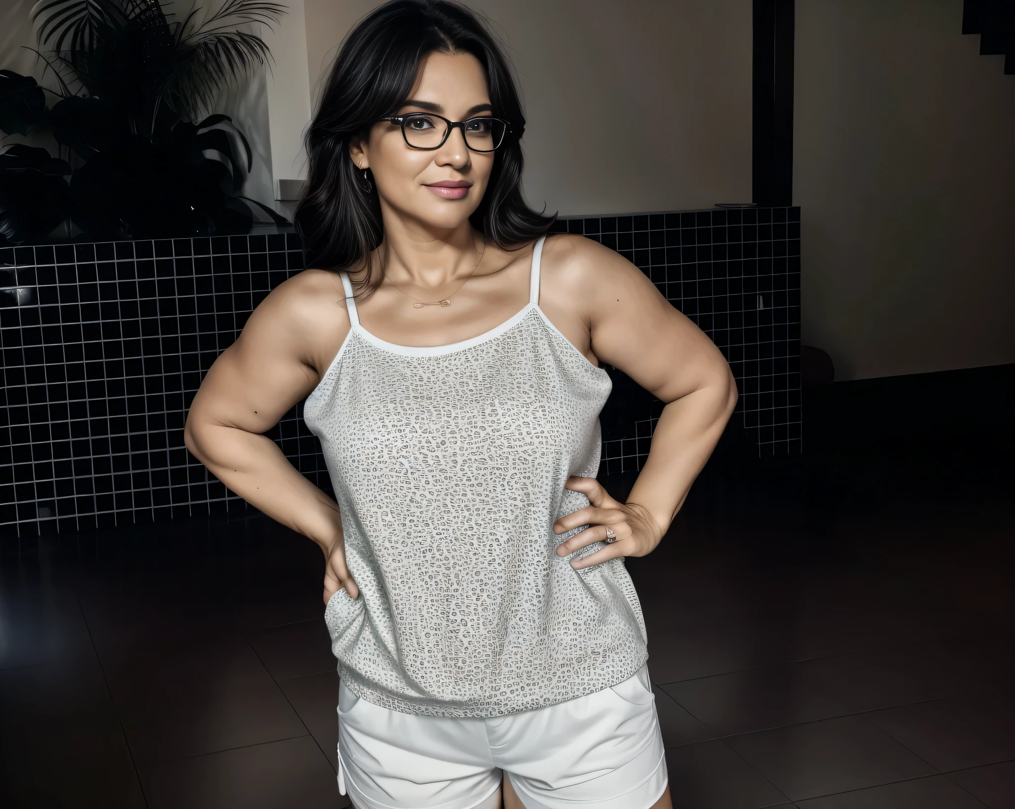 there is a woman standing on the tiled floor with her hands on her hips, Vestindo a camisole and shorts, 30 anos mulher, Vestindo white camisole, mulher baixa e robusta, mulheres de 40 anos, Vestindo a camisole, vestida com top e shorts, Vestindo a tank top and shorts, Vestindo : Regata, 8k