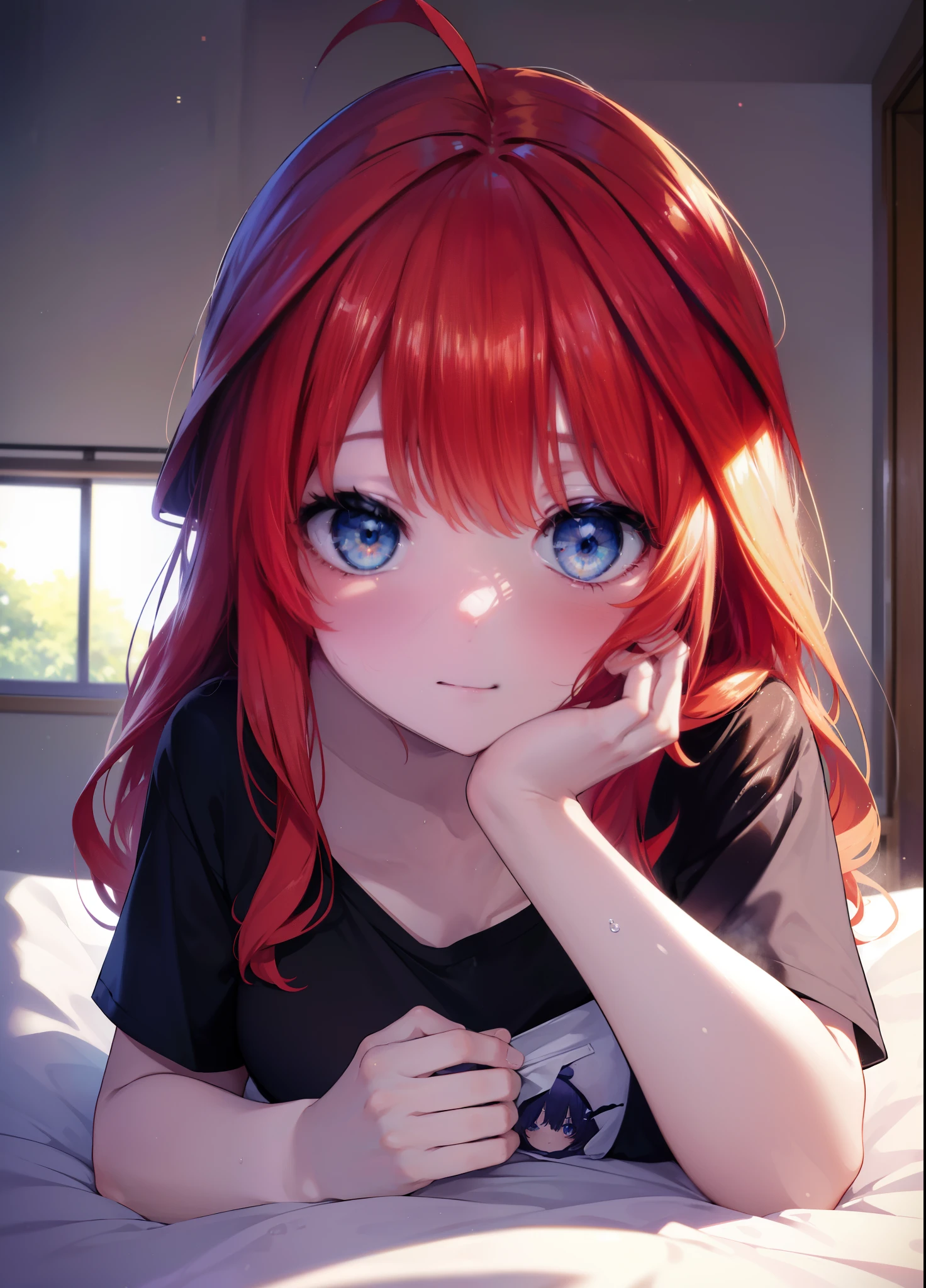 itsukinakano, Itsuki Nakano, bangs, blue eyes, hair between eyes, Ahoge, redhead, Sleeping Girl,smile,Bedroom, windows,ロマンチックなmorning陽,極度のsunの光,morning,sun,sitting up in bed,Open T-shirt,black string underwear,messy hair,Waking up,good morning,
break indoors, Bedroom,
break (masterpiece:1.2), highest quality, High resolution, unity 8k wallpaper, (shape:0.8), (fine and beautiful eyes:1.6), highly detailed face, perfect lighting, Very detailed CG, (perfect hands, perfect anatomy),