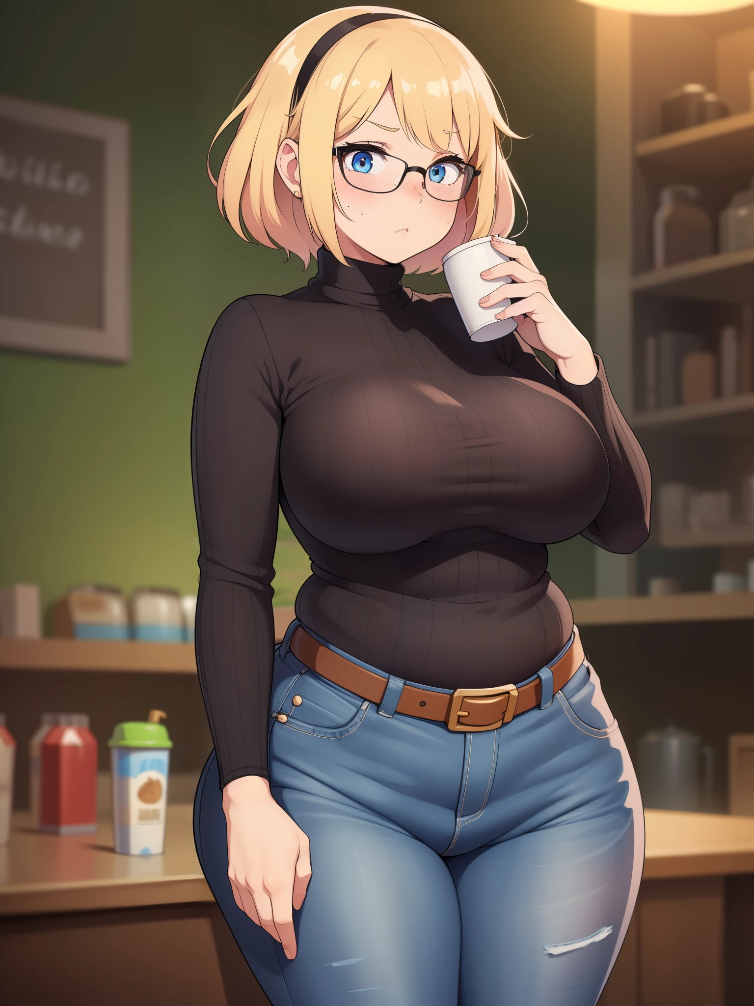 ((Masterpiece)), perfect anatomy, perfect shading, field of depth, (best quality), extremely delicate and beautiful, perfect lighting, detailed face, ultra cute face, cute, (cowboy shot 1.2), full body, (((1girl))), ((solo)), looking at viewer,
short hair, fluffy hair, blonde hair, blue eyes, Glasses, ((blush)), shy, nervous, embarrassed, (black turtleneck sweater 1.5), (jeans 1.2), belt, extremely tight clothes, medium breasts, ((wide hips)), ((thick thighs)), ((chubby)), belly bulge, belly hang, fat folds
coffee shop, intricate background, detailed background, hand on hip, holding coffee cup,