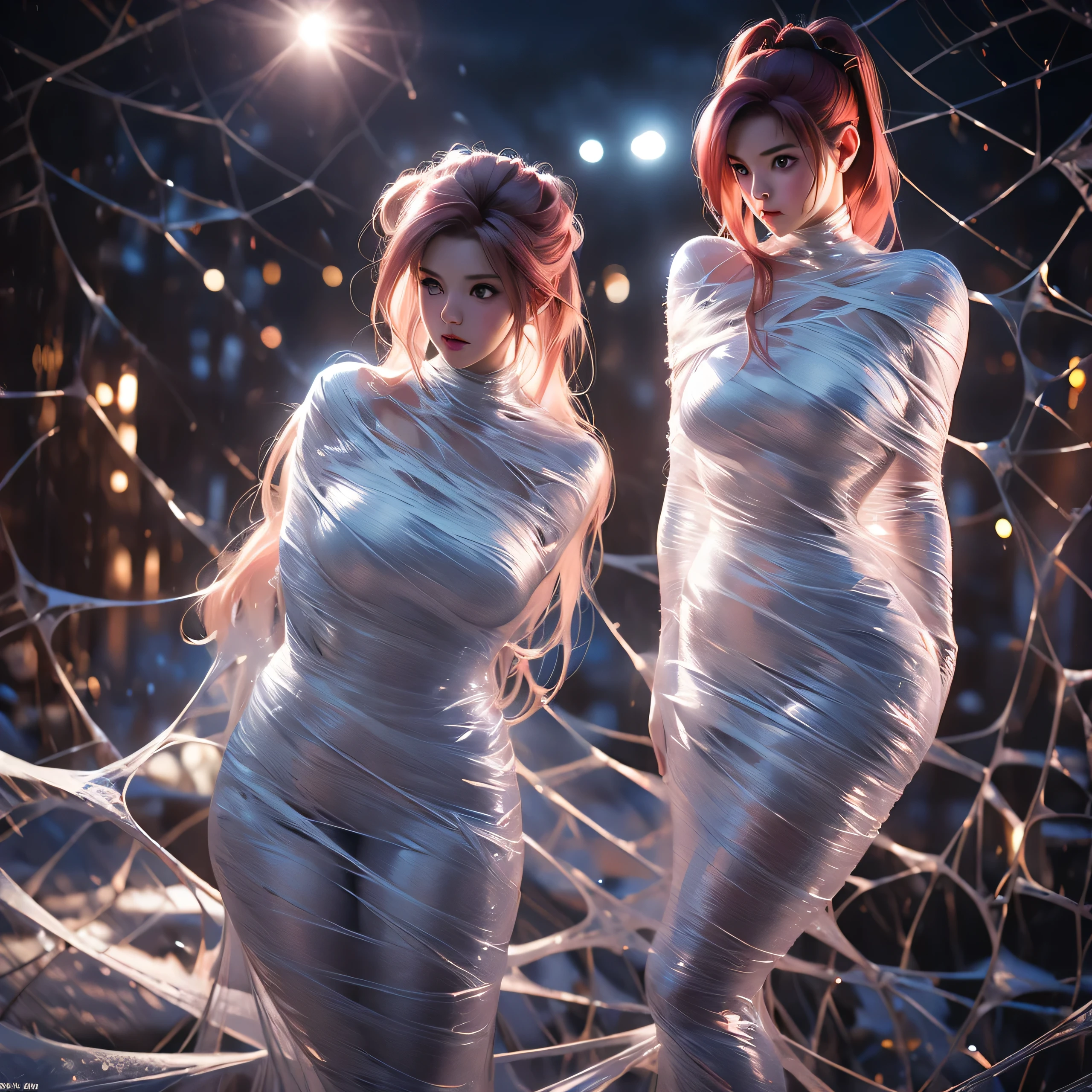 (RAW Photo, Best Quality), (Realistic, Photo Realistic: 1.3), Best Quality, Highly Detailed, Masterpiece, Hyperdetail, Illustration, 1 Girl, upper_body, Dynamic Angle, World Masterpiece Theater, Ore no Imoto ga konna ni kawaii wake ga nai, 25-yers-old girl with crimson red hair- pulled up into twin ponytails, wearing a latex mini dress with the city lights in the background sexy pose, standing, hands on hips, Best Quality, Extremely Detailed CG Unified 8k Wallpaper, Ink, Amazing, Cinematic Lighting, lens flare, sexy pose, (cocoon:1.3), spider web