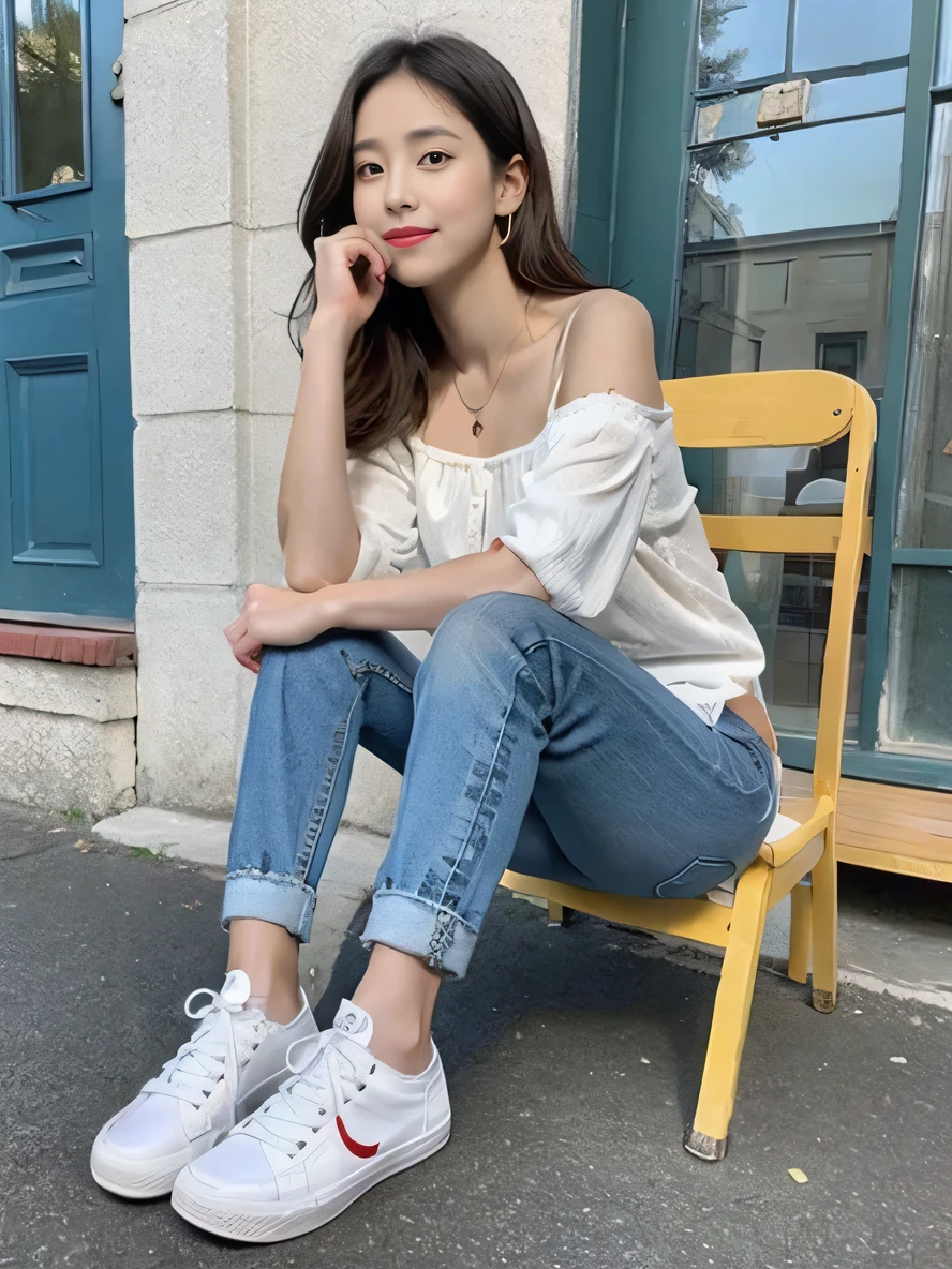 Beauty sitting on a chair、blouse、skinny denim、sneakers