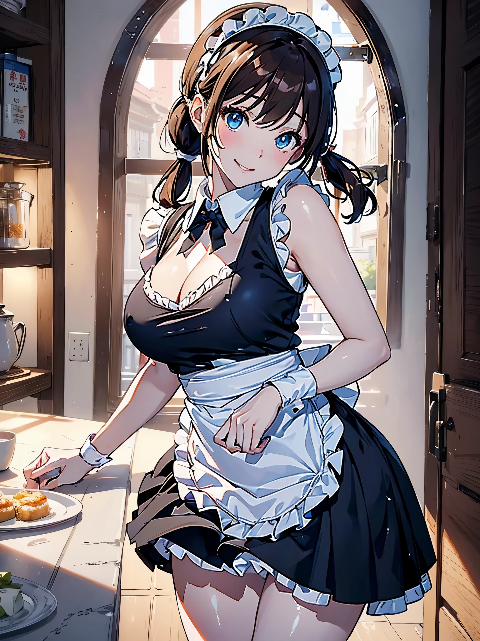 high resolution), (In 8K), (detailed), (best illustration), (美しいdetailedな目),(美しいdetailedな顔), fair skin、very beautiful skin, (brown hair), (blue eyes)、Pigtails、(1 18 year old female), (solo), (detailedな目, pale shiny skin, glossy lips, face lighting), (big breasts),(thin thighs), (thin slim waist), (shy smile),maid、黒いmaid服、white apron、white headband、leaning forward posture、