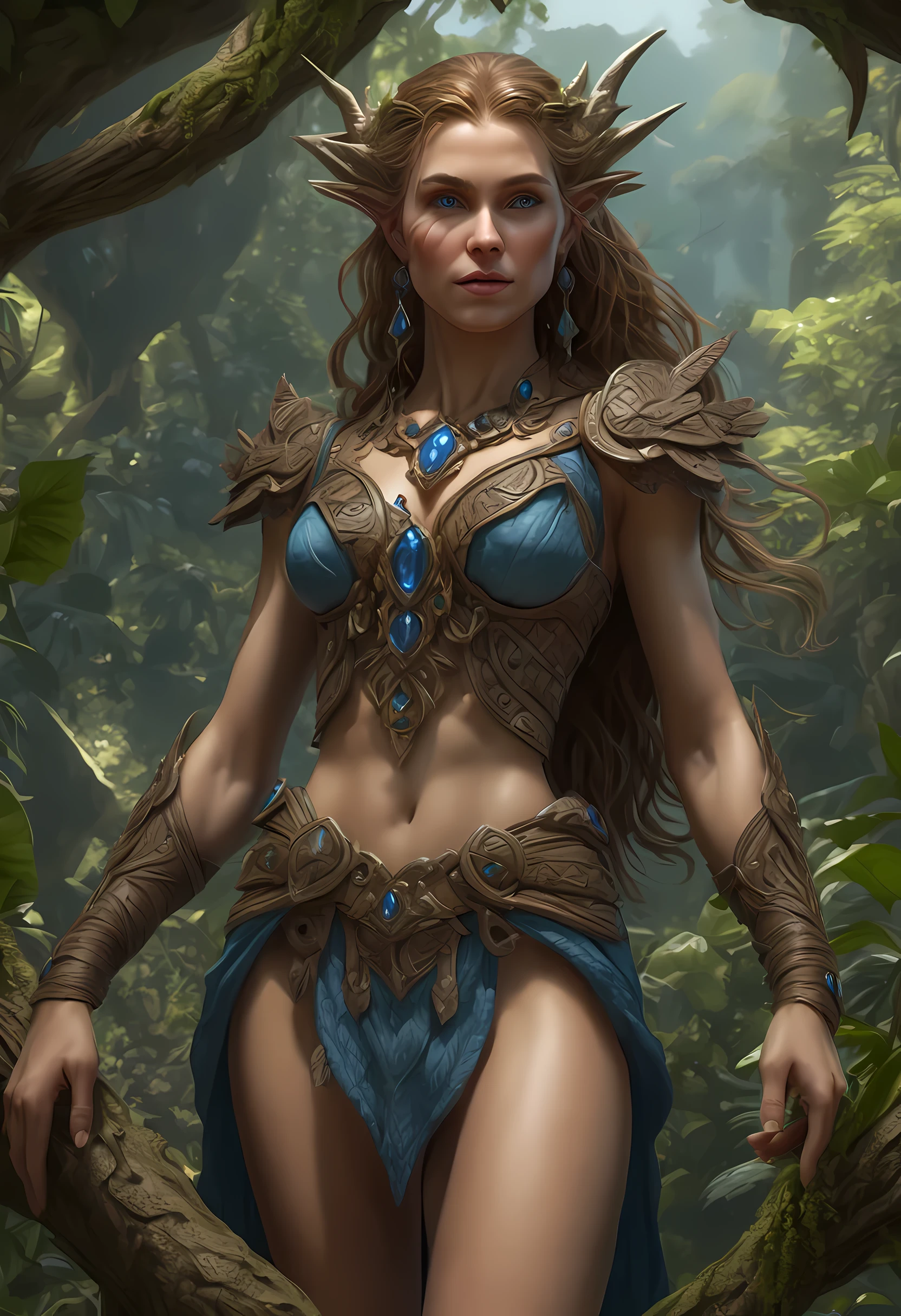 high details, best quality, 16k, [ultra detailed], masterpiece, best quality, (extremely detailed), dynamic angle, ultra wide shot, RAW, photorealistic, fantasy art, realistic art, a female elf druid (intricate details, Masterpiece, best quality: 1.5) in a jungle, a female elf wearing leather clothes intricate details, Masterpiece, best quality: 1.4), leather boots, thick hair, long hair, brown hair, intense blue eyes, vibrant jungle (intense details), plenty of plant life, vines coming from trees, many jungle trees (intricate details, Masterpiece, best quality: ), vines, a river flowing, sun light, dynamic light. dynamic angle, (intricate details, Masterpiece, best quality: 1.5) , 2.5 rendering, high details, best quality, highres, ultra wide angle