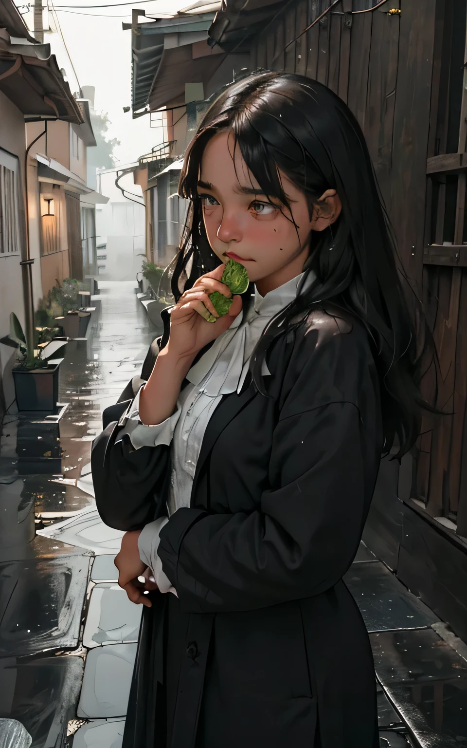 (Obra maestra:1.2, Mejor calidad), (imagen real, detalles intrincados), (Noche, oscuro, aguacero:1.4)
There was no one in the alley, y los alrededores estaban en silencio, only the raindrops scattered on the tiled eaves of the low houses near and far, haciendo un ligero crujido. In the cold rain, (1 chica, chaqueta con capucha mojada, triste, tears in the eyes, temblando:1.2) En cuclillas en el suelo,