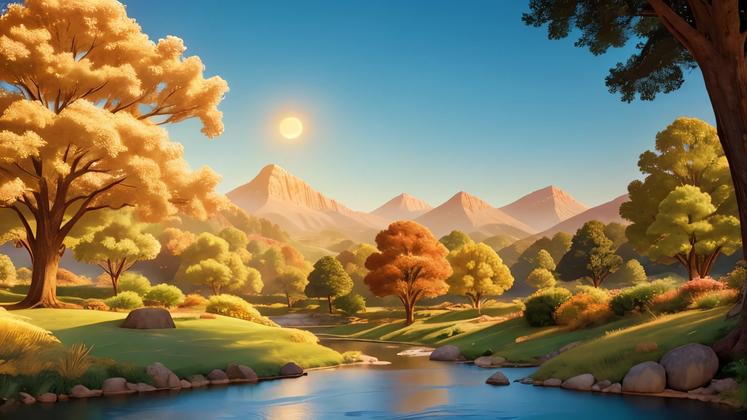 An illustration of a pristine landscape bathed in golden light, reminiscent of Maxfield Parrish's dreamy style. Rolling hills, ancient trees, and a tranquil river under the warm embrace of the sun. The color temperature exudes a rich, golden hue, capturing the essence of a new world awakening. radiate awe and wonder. Soft, diffused lighting enhances the magical atmosphere of the scene