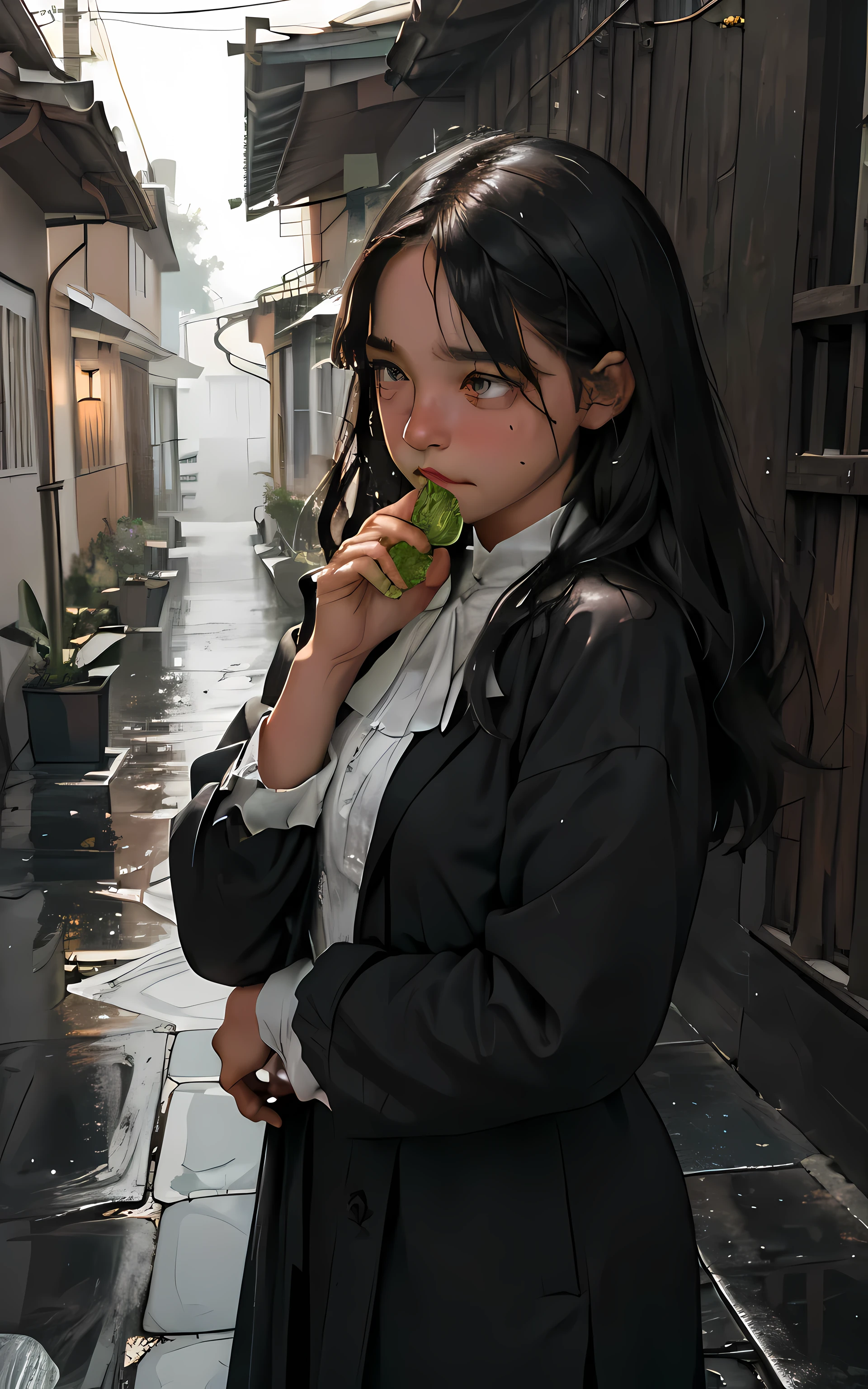 (Obra maestra:1.2, Mejor calidad), (imagen real, detalles intrincados), (Noche, oscuro, aguacero:1.4)
There was no one in the alley, y los alrededores estaban en silencio, only the raindrops scattered on the tiled eaves of the low houses near and far, haciendo un ligero crujido. In the cold rain, (1 chica, chaqueta con capucha mojada, triste, tears in the eyes, temblando:1.2) En cuclillas en el suelo,